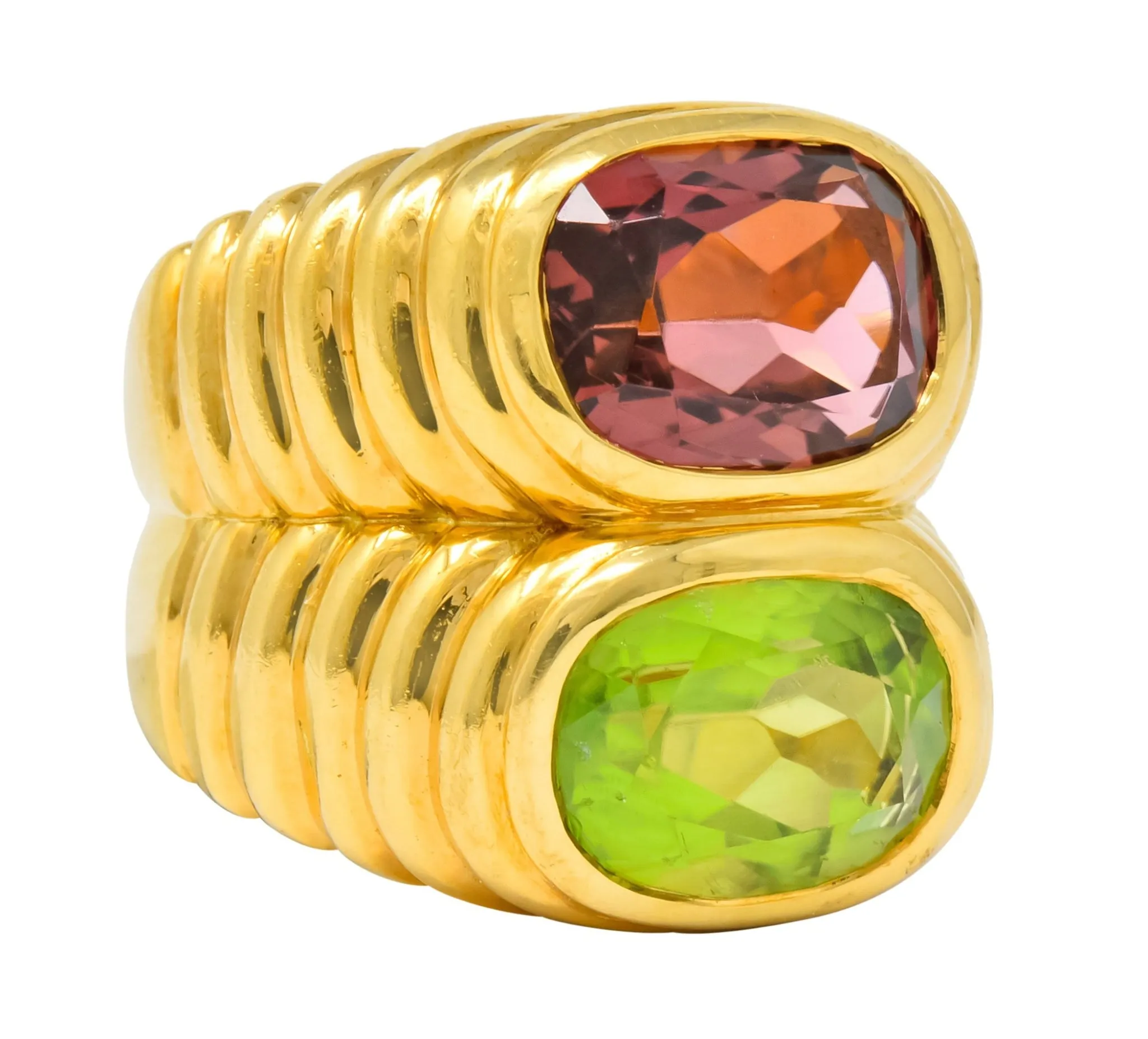 Bulgari 6.10 CTW Peridot Pink Tourmaline 18 Karat Gold Italian Doppio Band Ring