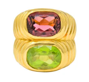 Bulgari 6.10 CTW Peridot Pink Tourmaline 18 Karat Gold Italian Doppio Band Ring