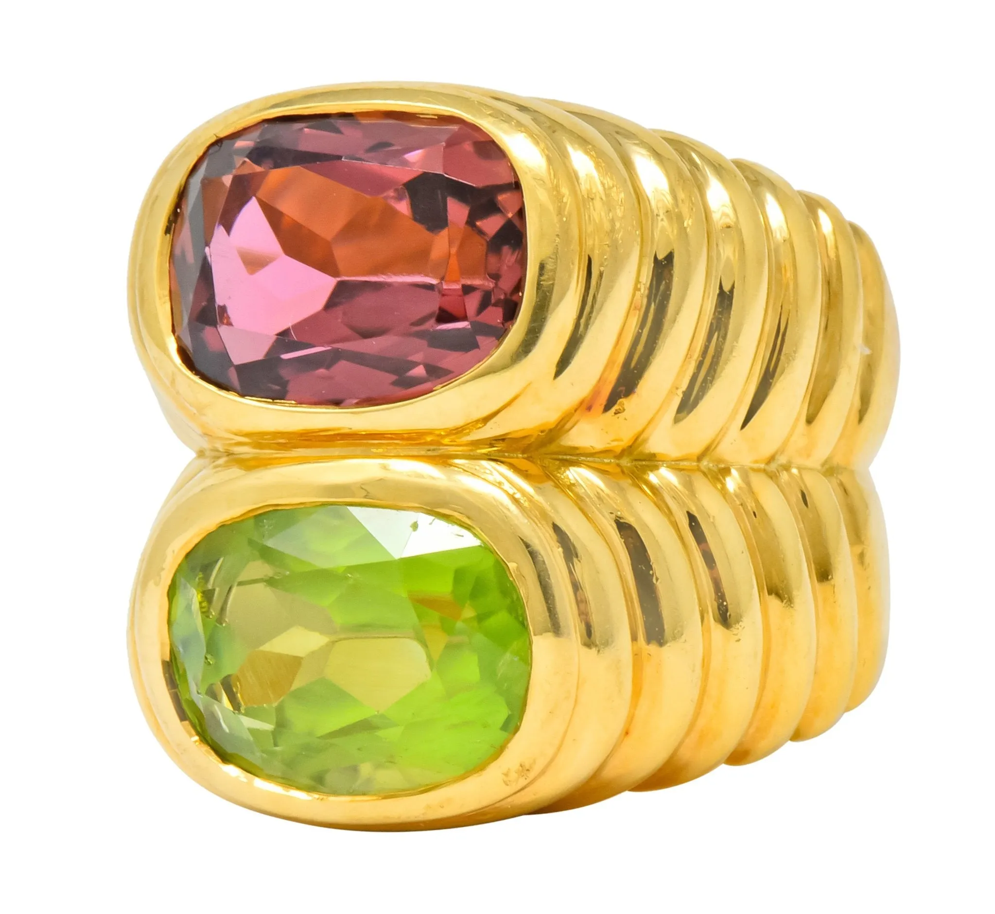 Bulgari 6.10 CTW Peridot Pink Tourmaline 18 Karat Gold Italian Doppio Band Ring