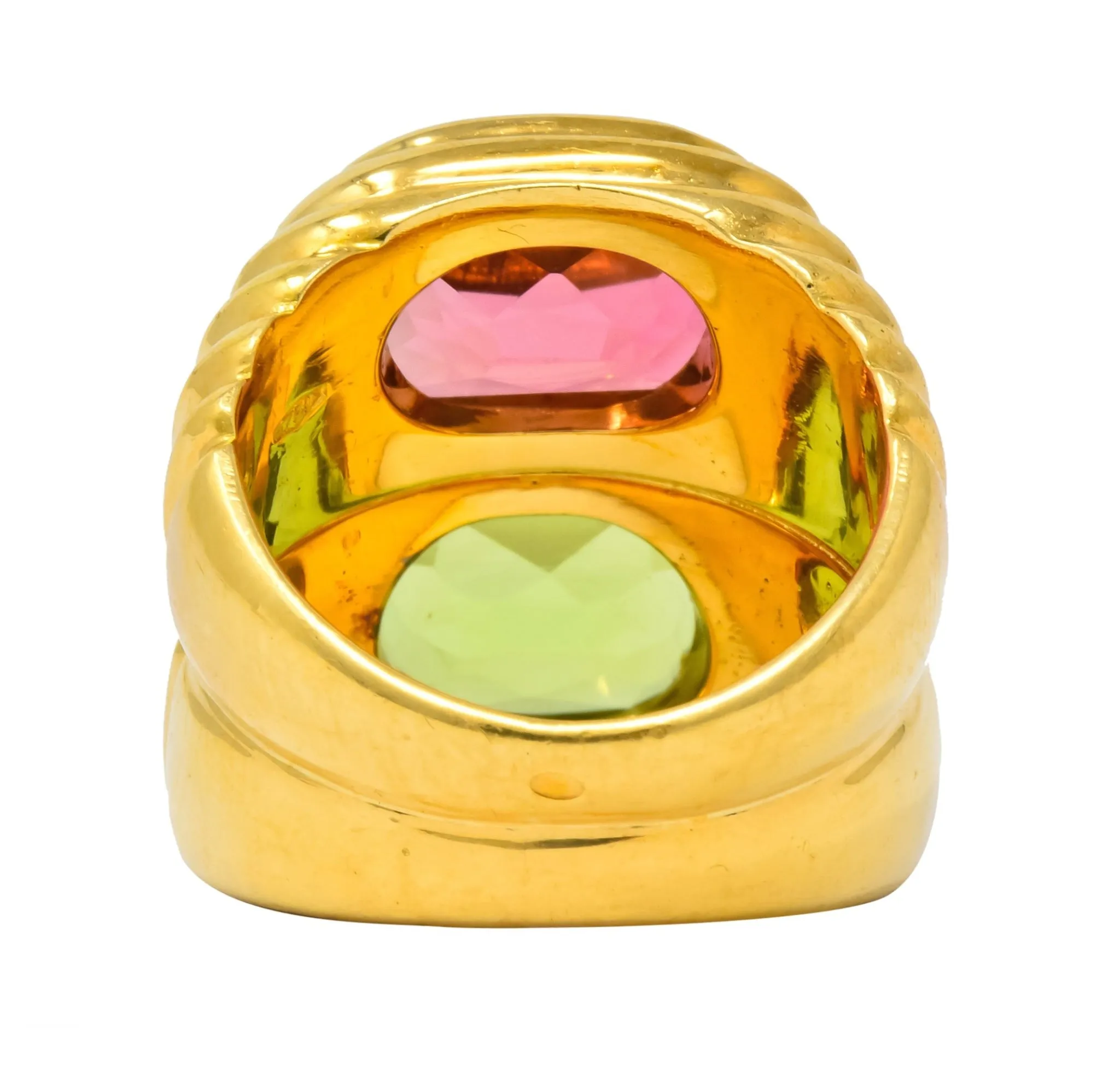 Bulgari 6.10 CTW Peridot Pink Tourmaline 18 Karat Gold Italian Doppio Band Ring