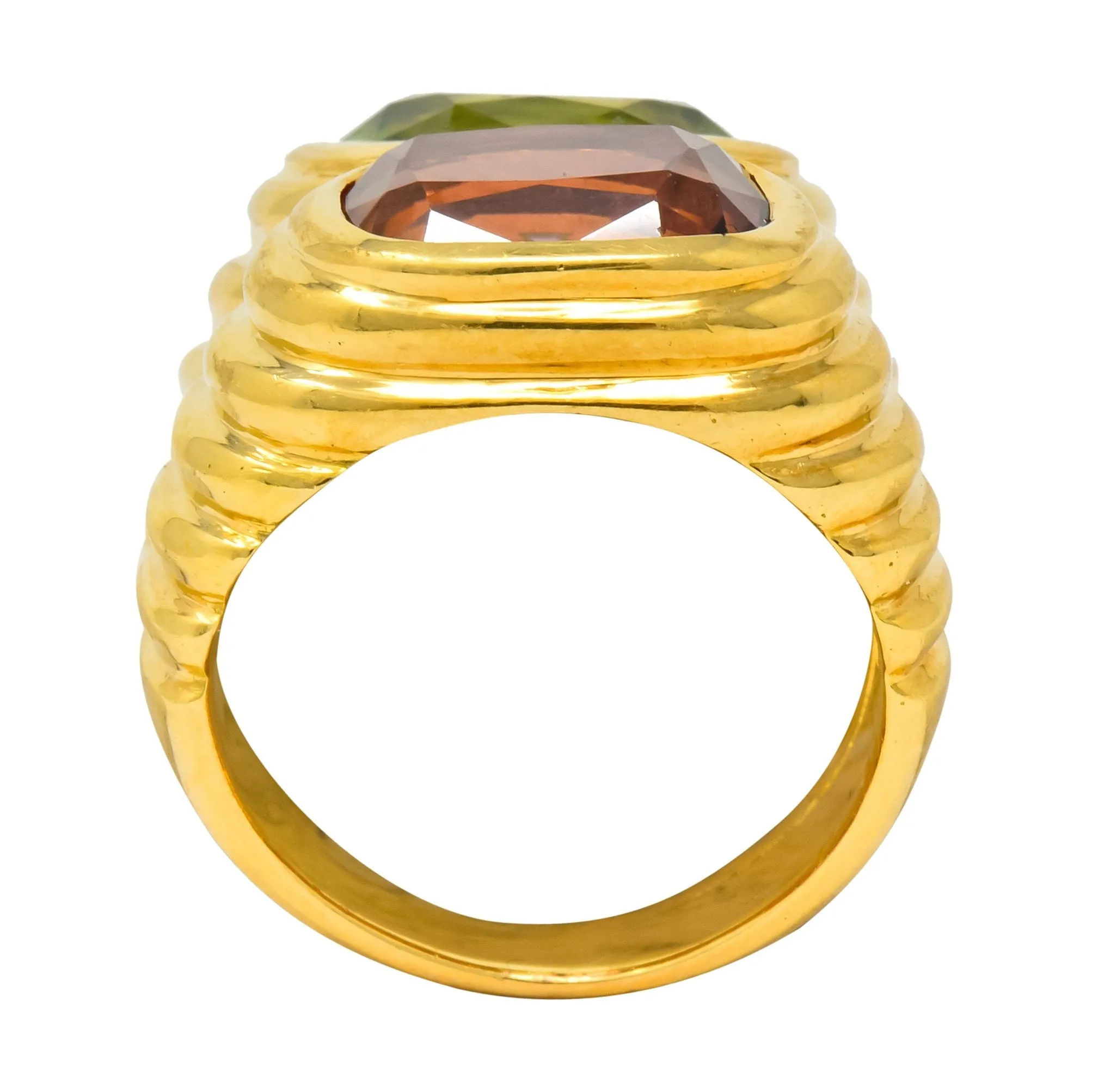 Bulgari 6.10 CTW Peridot Pink Tourmaline 18 Karat Gold Italian Doppio Band Ring