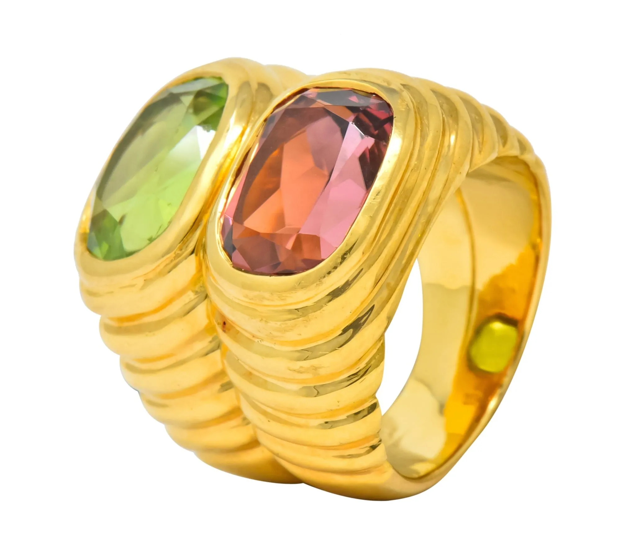 Bulgari 6.10 CTW Peridot Pink Tourmaline 18 Karat Gold Italian Doppio Band Ring