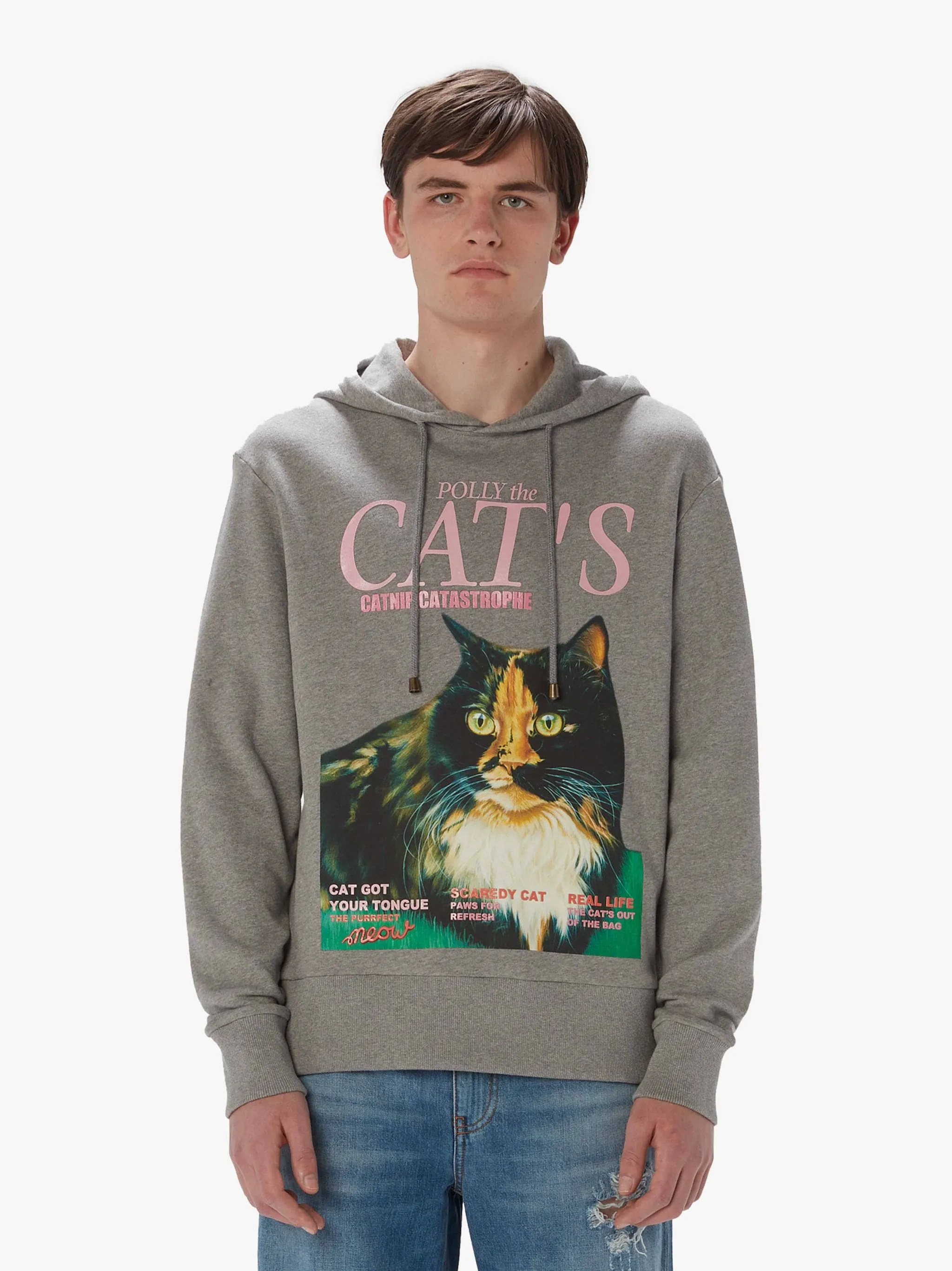 Cat Print Hoodie - Mid Grey Melange