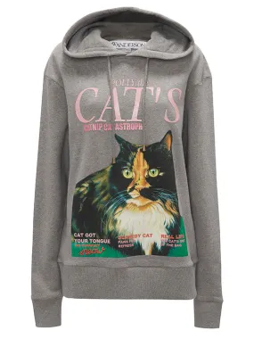 Cat Print Hoodie - Mid Grey Melange