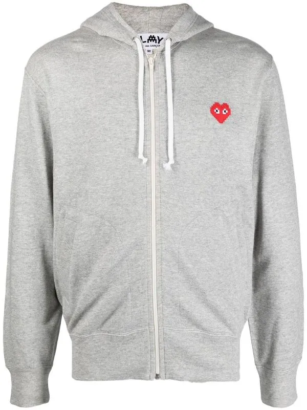 CDG Play x Invader Mens Grey Zipped Hoodie - Pixelated Heart