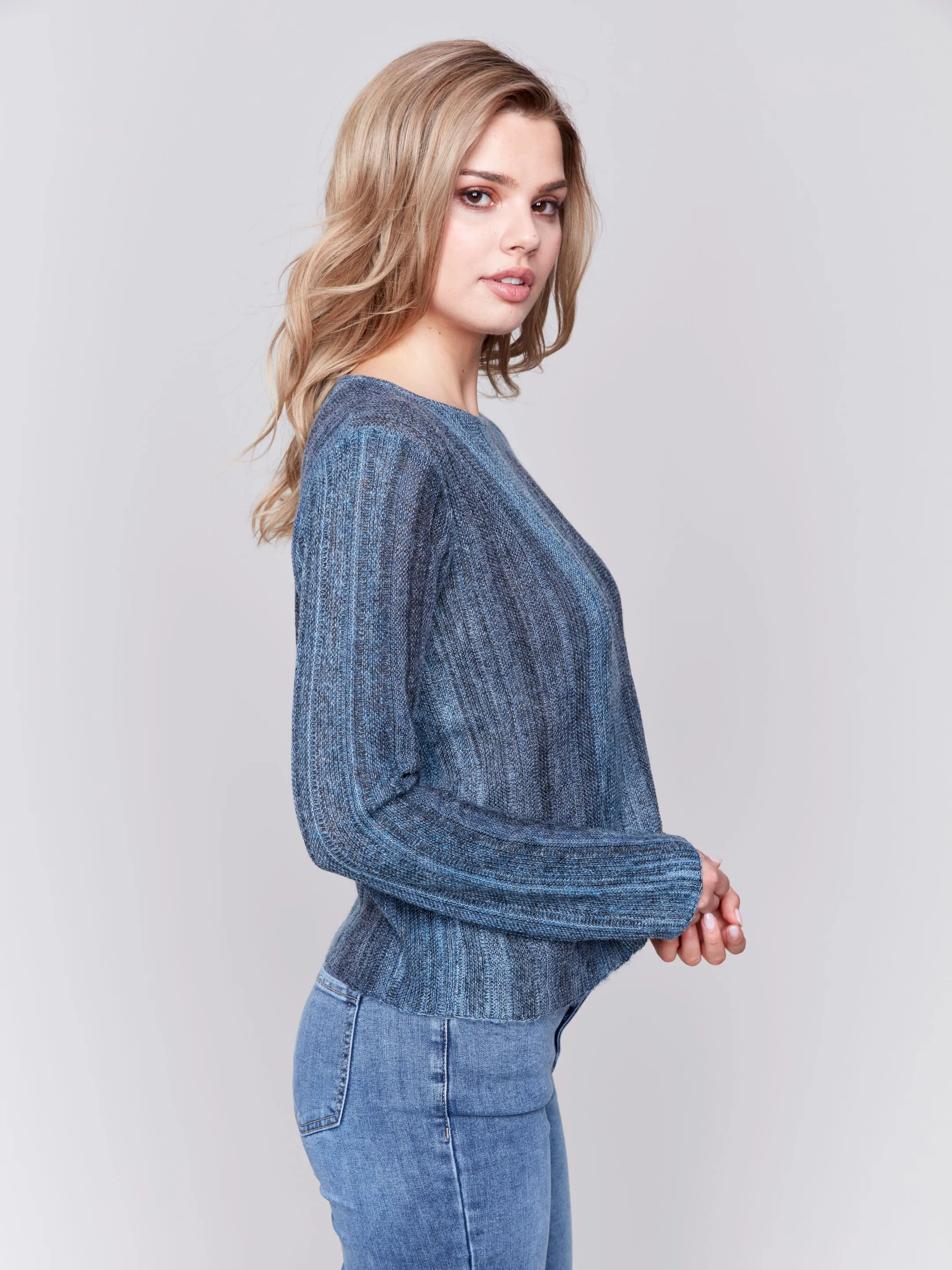 Charlie B Hairy Space Dye Yarn Crop Sweater Denim