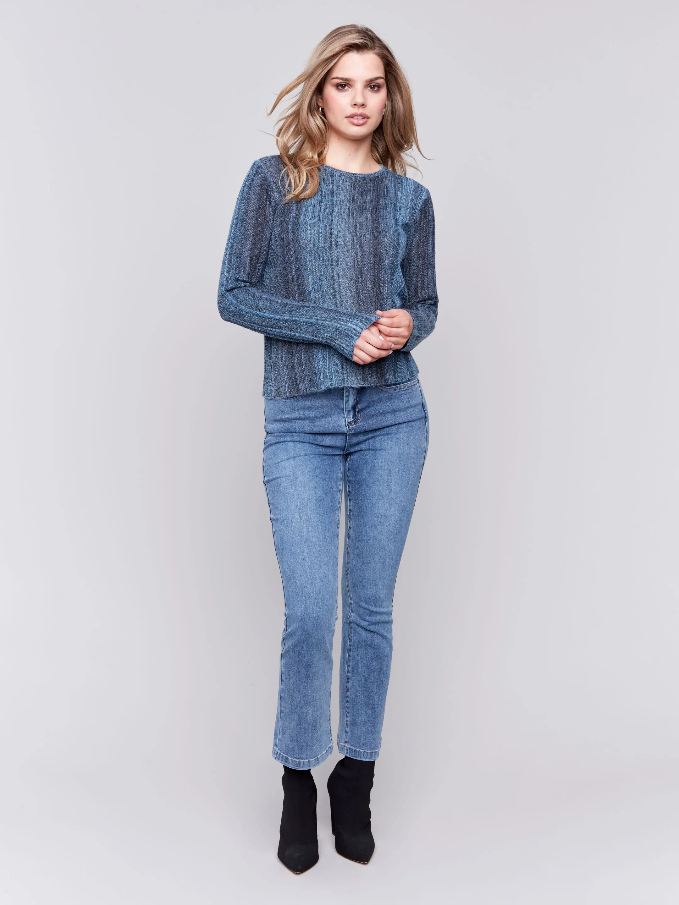 Charlie B Hairy Space Dye Yarn Crop Sweater Denim