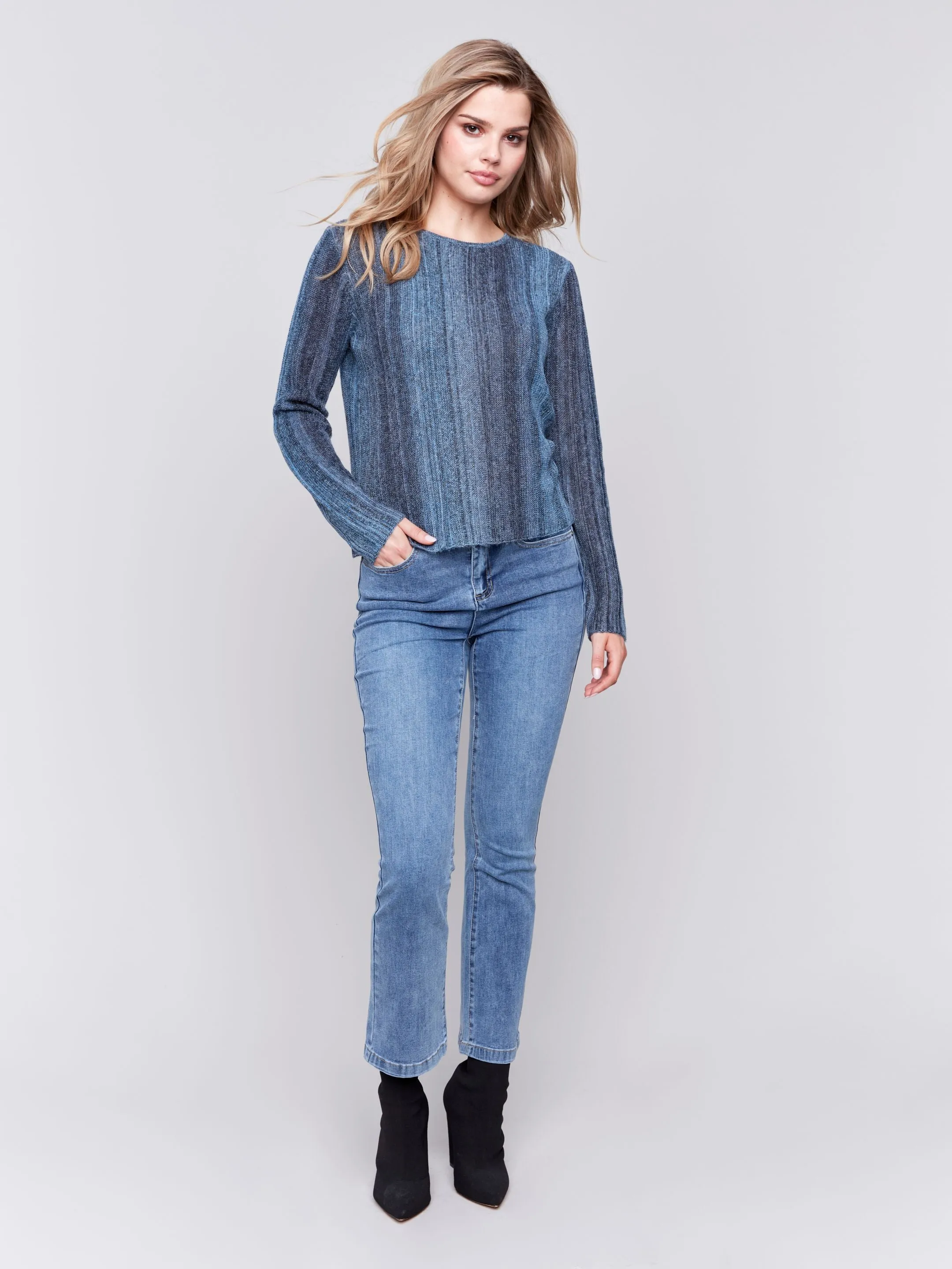 Charlie B Hairy Space Dye Yarn Crop Sweater Denim