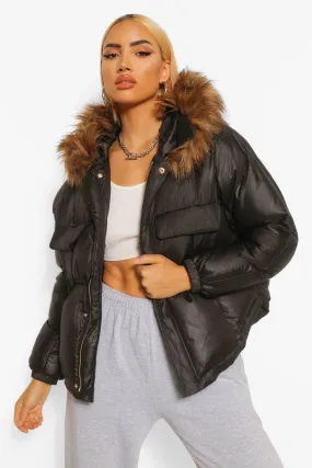 Coated Satin Faux Fur Trim Puffer Jacket