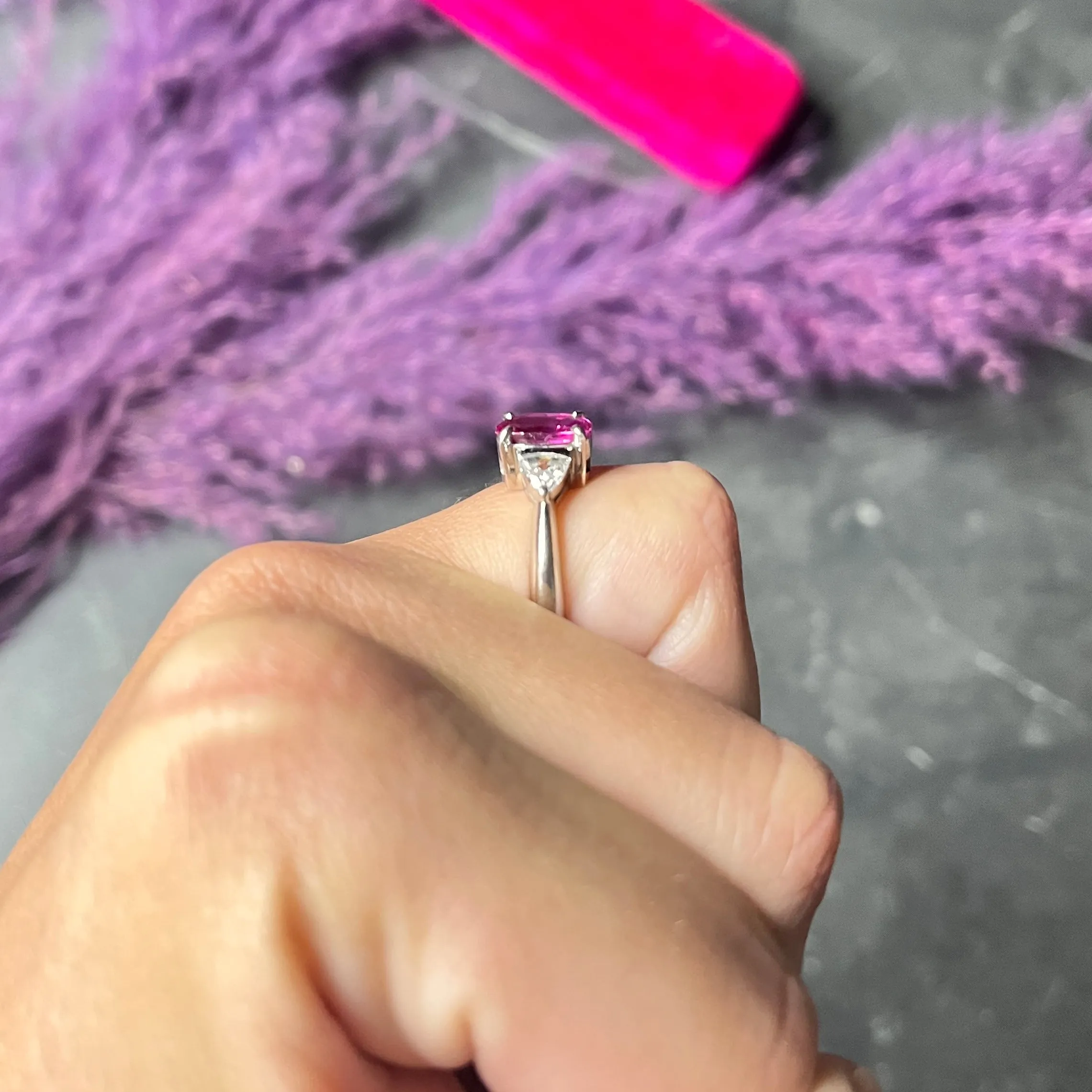 Contemporary 2.00 CTW Pink Sapphire Diamond Platinum Three Stone Gemstone Ring