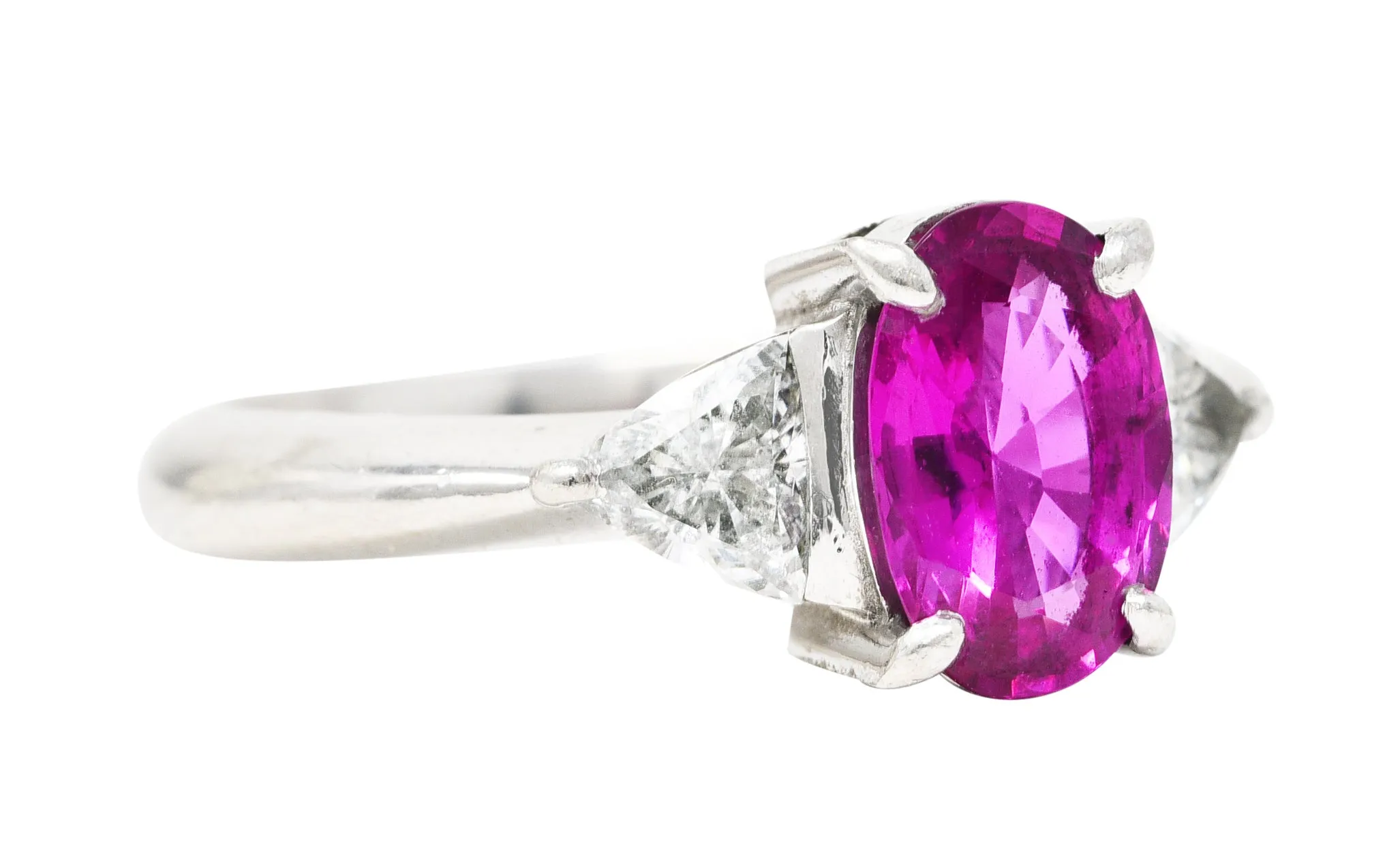 Contemporary 2.00 CTW Pink Sapphire Diamond Platinum Three Stone Gemstone Ring