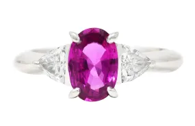 Contemporary 2.00 CTW Pink Sapphire Diamond Platinum Three Stone Gemstone Ring