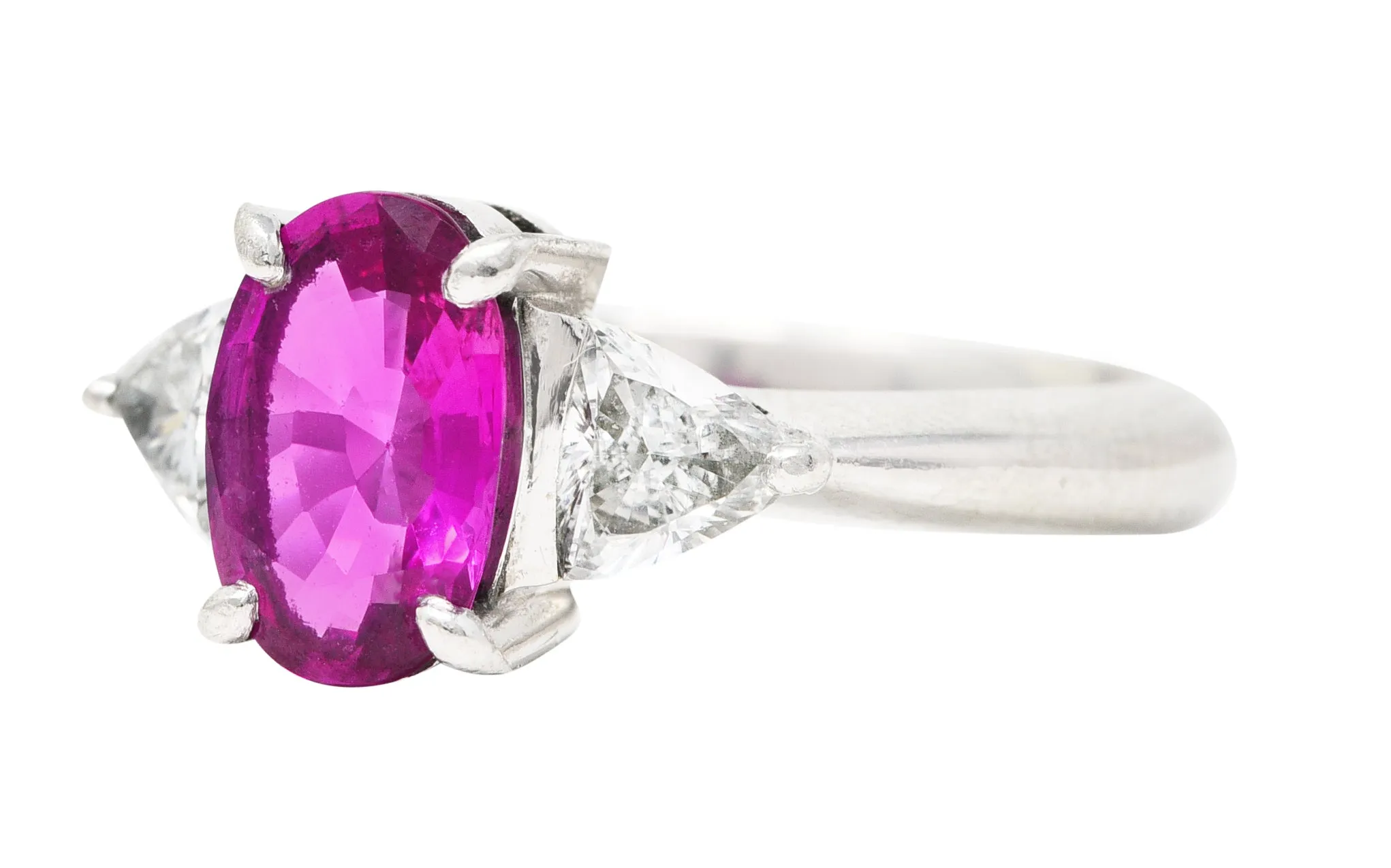 Contemporary 2.00 CTW Pink Sapphire Diamond Platinum Three Stone Gemstone Ring