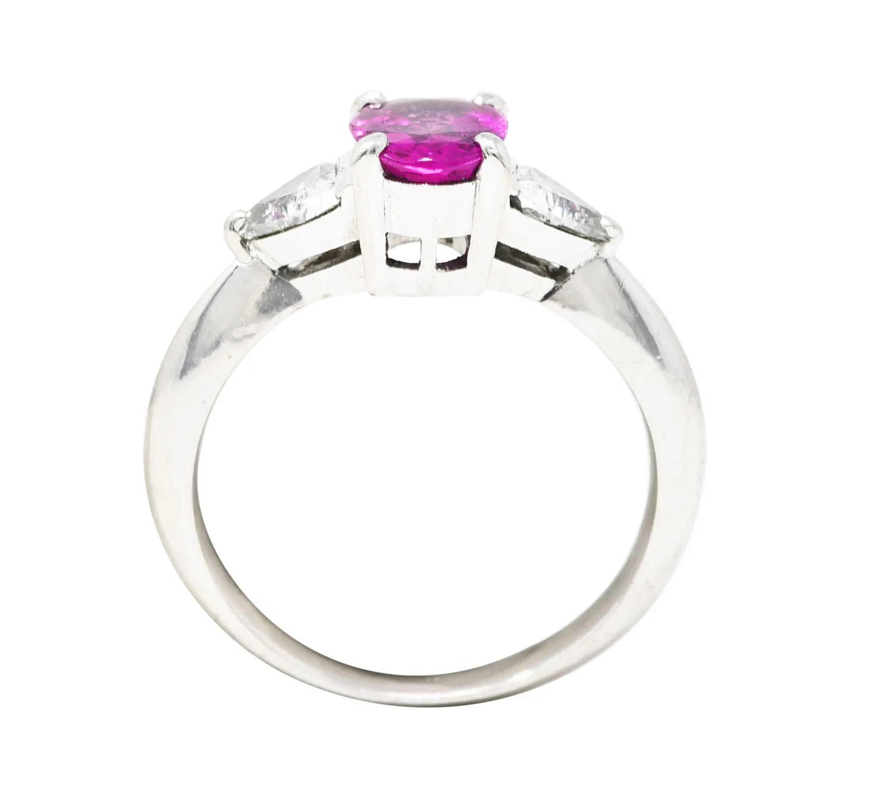 Contemporary 2.00 CTW Pink Sapphire Diamond Platinum Three Stone Gemstone Ring