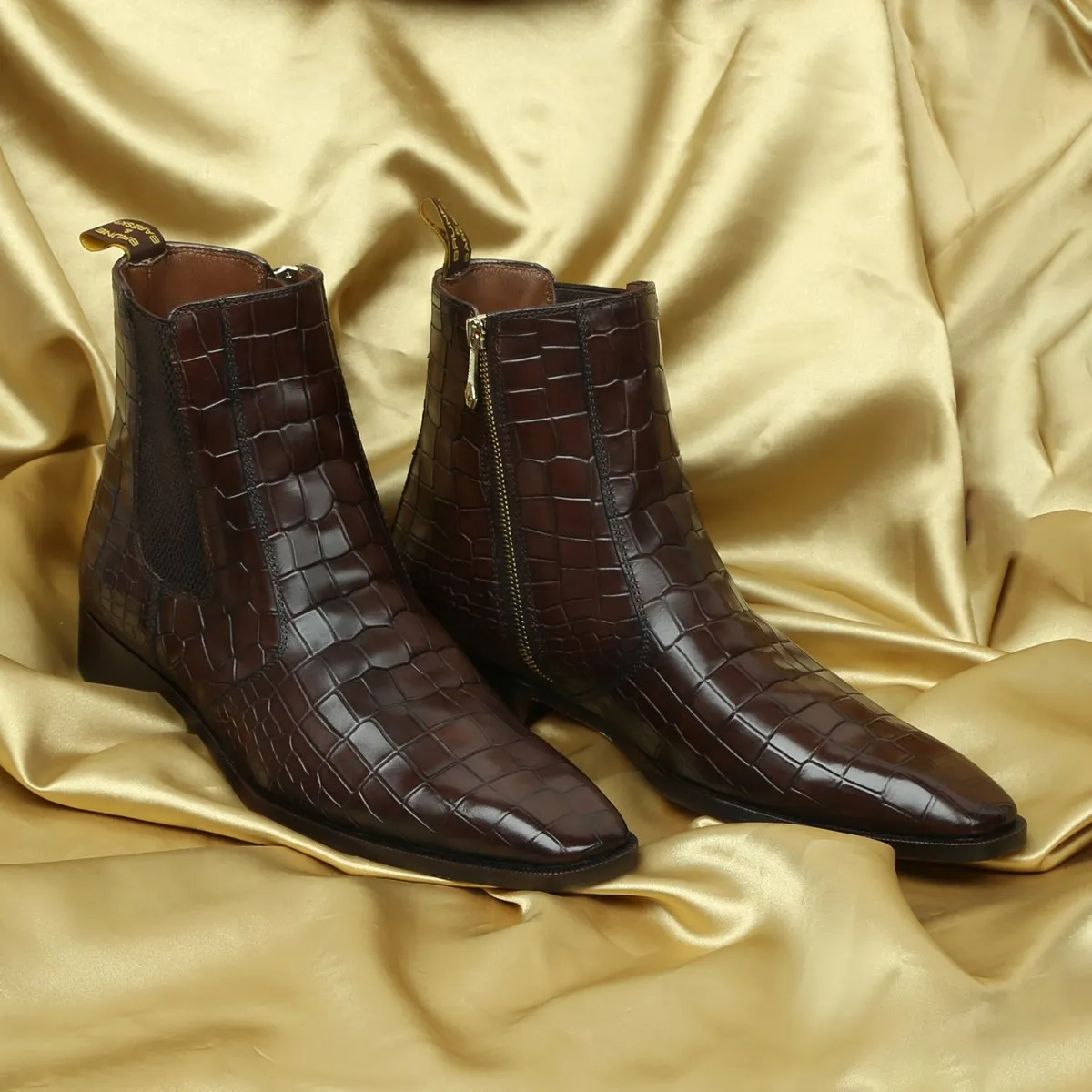 Dark Brown Chelsea Boots with Zip Closure in Croco Textured Leather