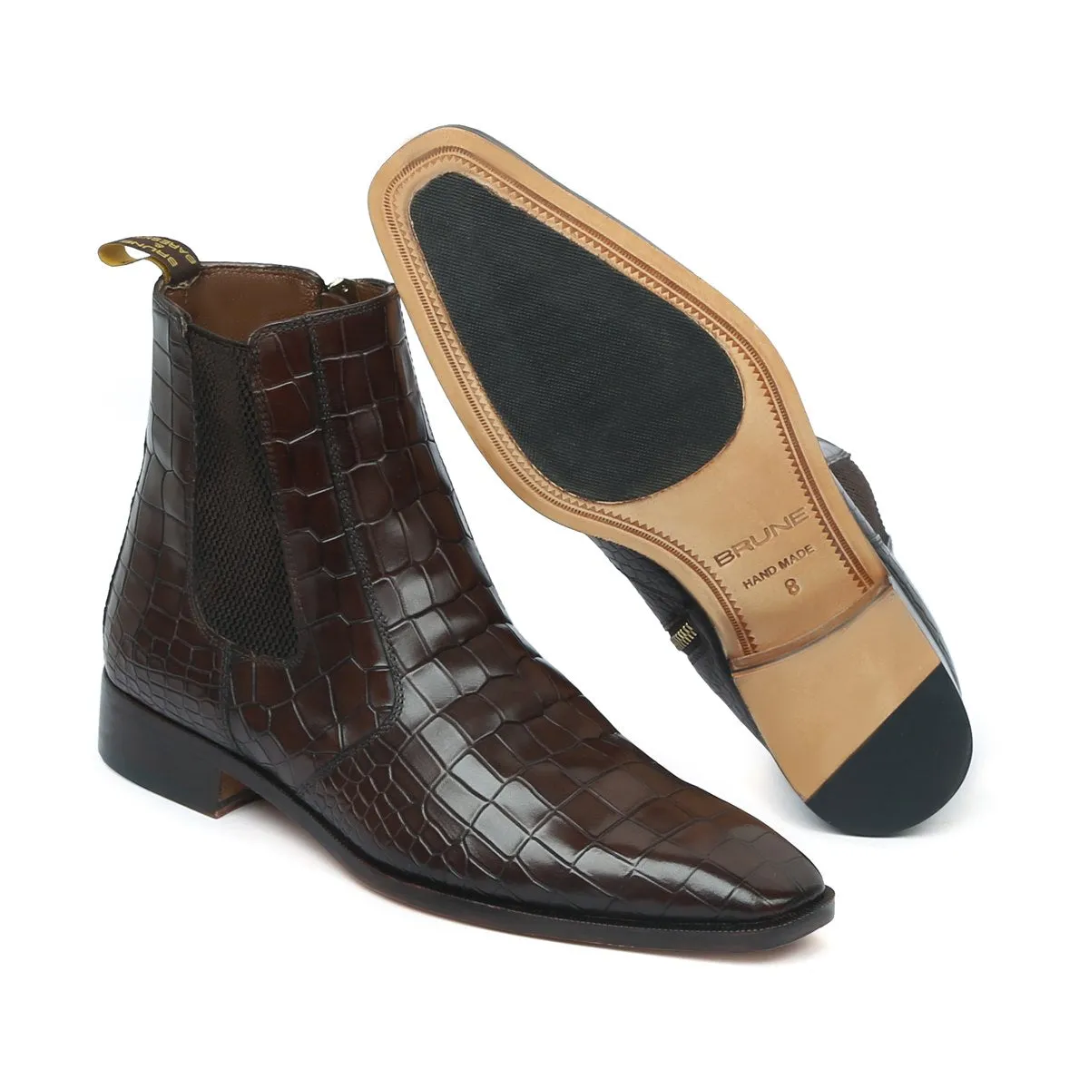 Dark Brown Chelsea Boots with Zip Closure in Croco Textured Leather