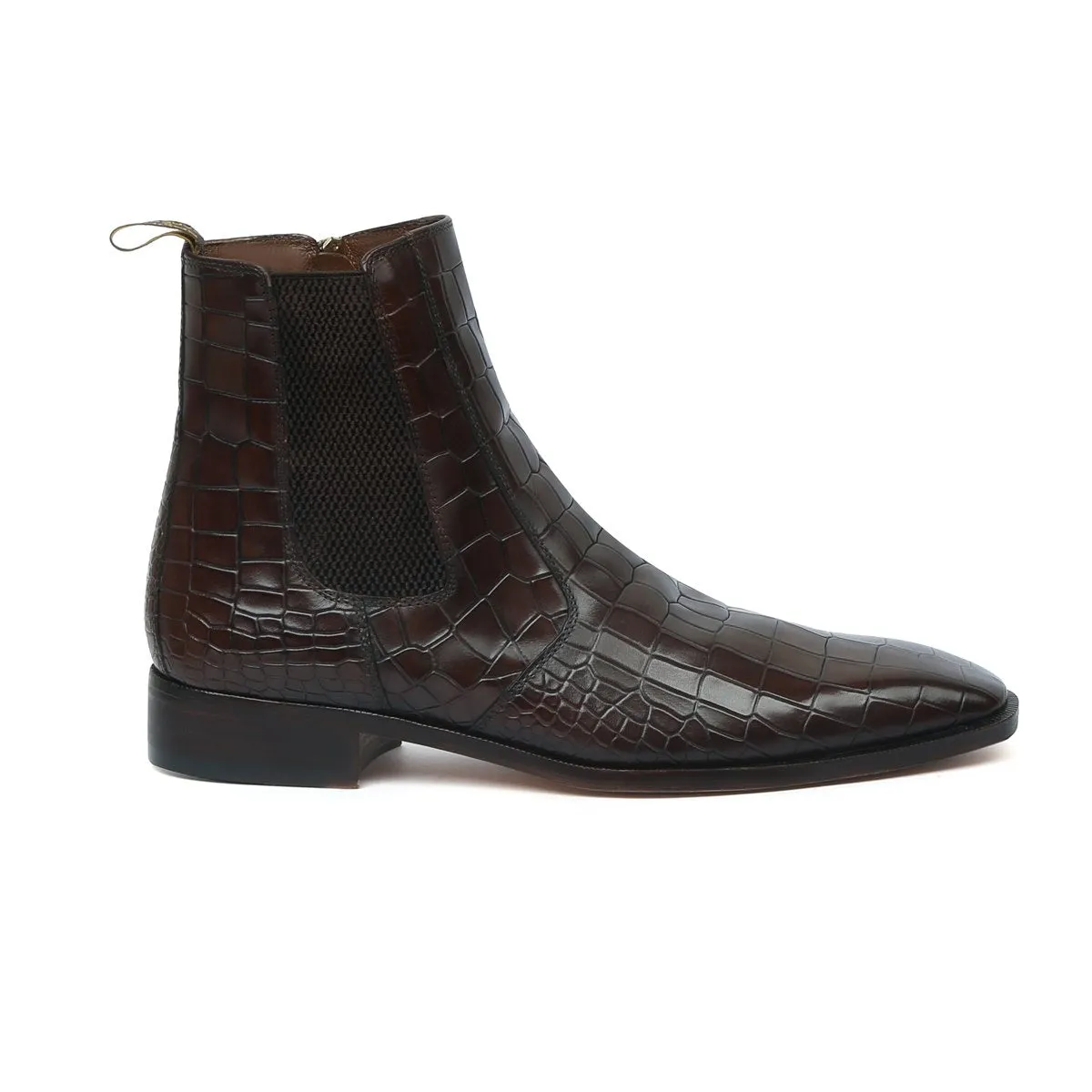 Dark Brown Chelsea Boots with Zip Closure in Croco Textured Leather