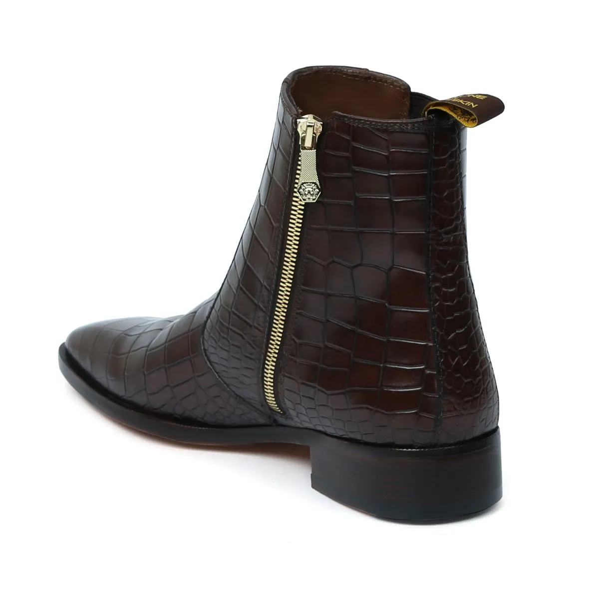 Dark Brown Chelsea Boots with Zip Closure in Croco Textured Leather