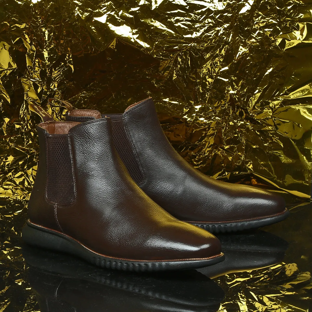 Dark Brown Grain Textured Leather Chelsea Boots with Light Weight Sole by Brune & Bareskin