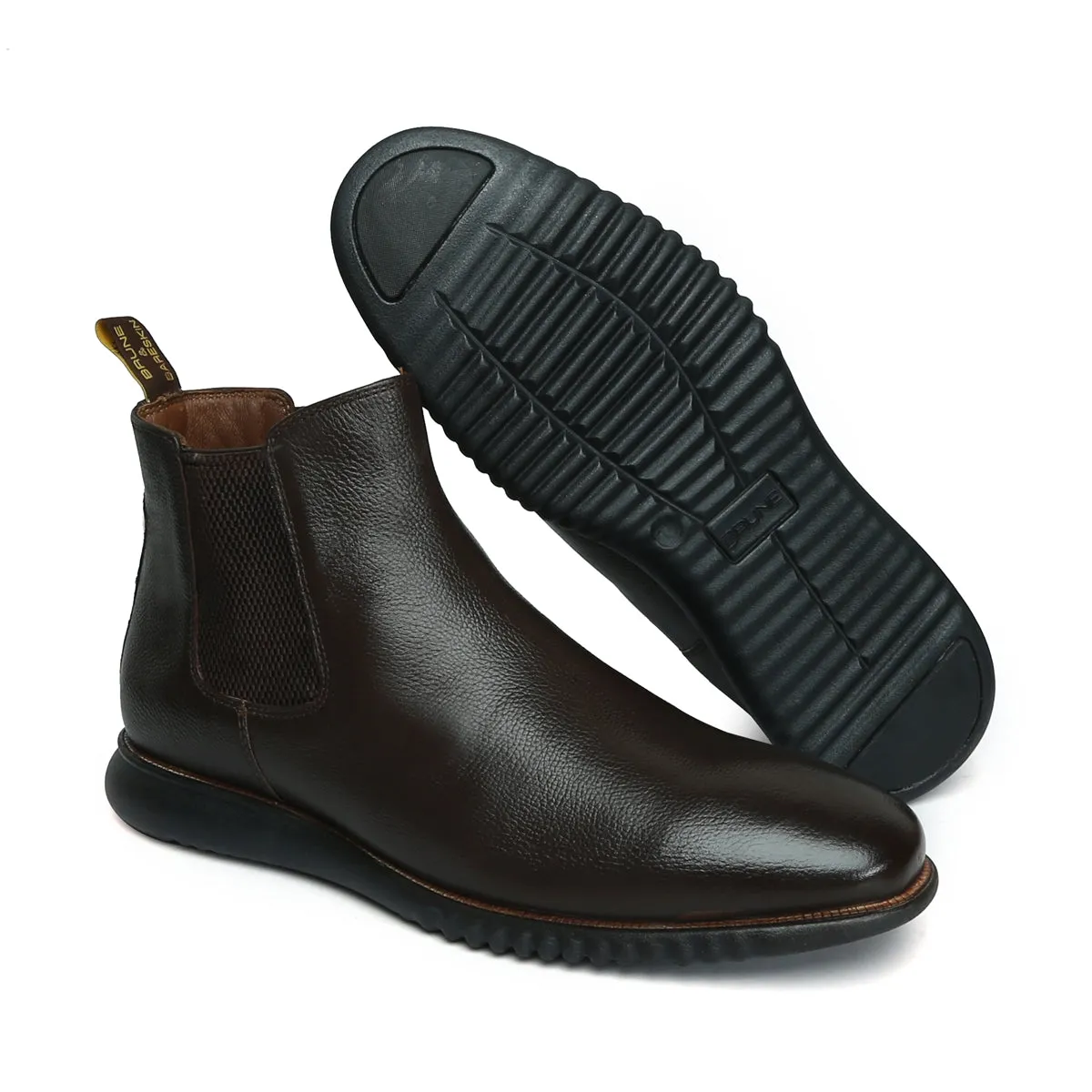 Dark Brown Grain Textured Leather Chelsea Boots with Light Weight Sole by Brune & Bareskin