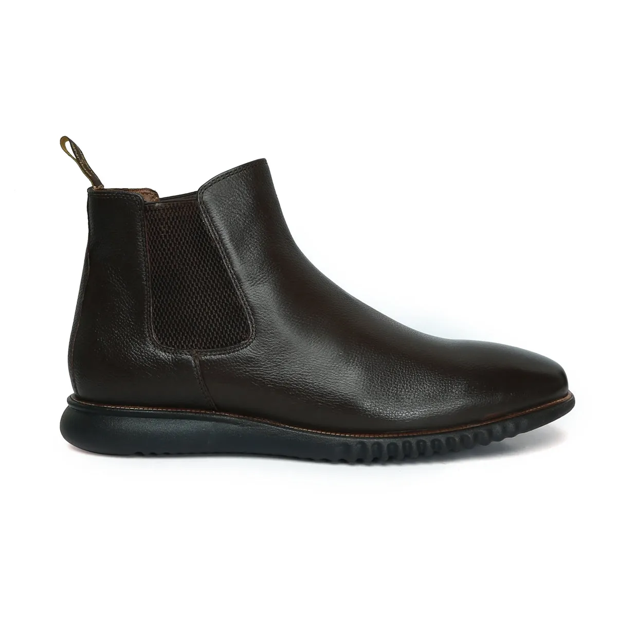 Dark Brown Grain Textured Leather Chelsea Boots with Light Weight Sole by Brune & Bareskin