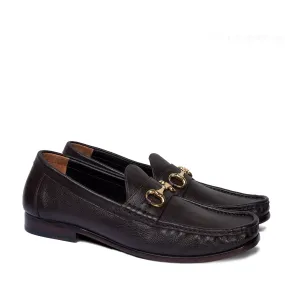 Dark Brown Grain Textured Leather Horsebit Loafers with Leather Sole by Brune & Bareskin