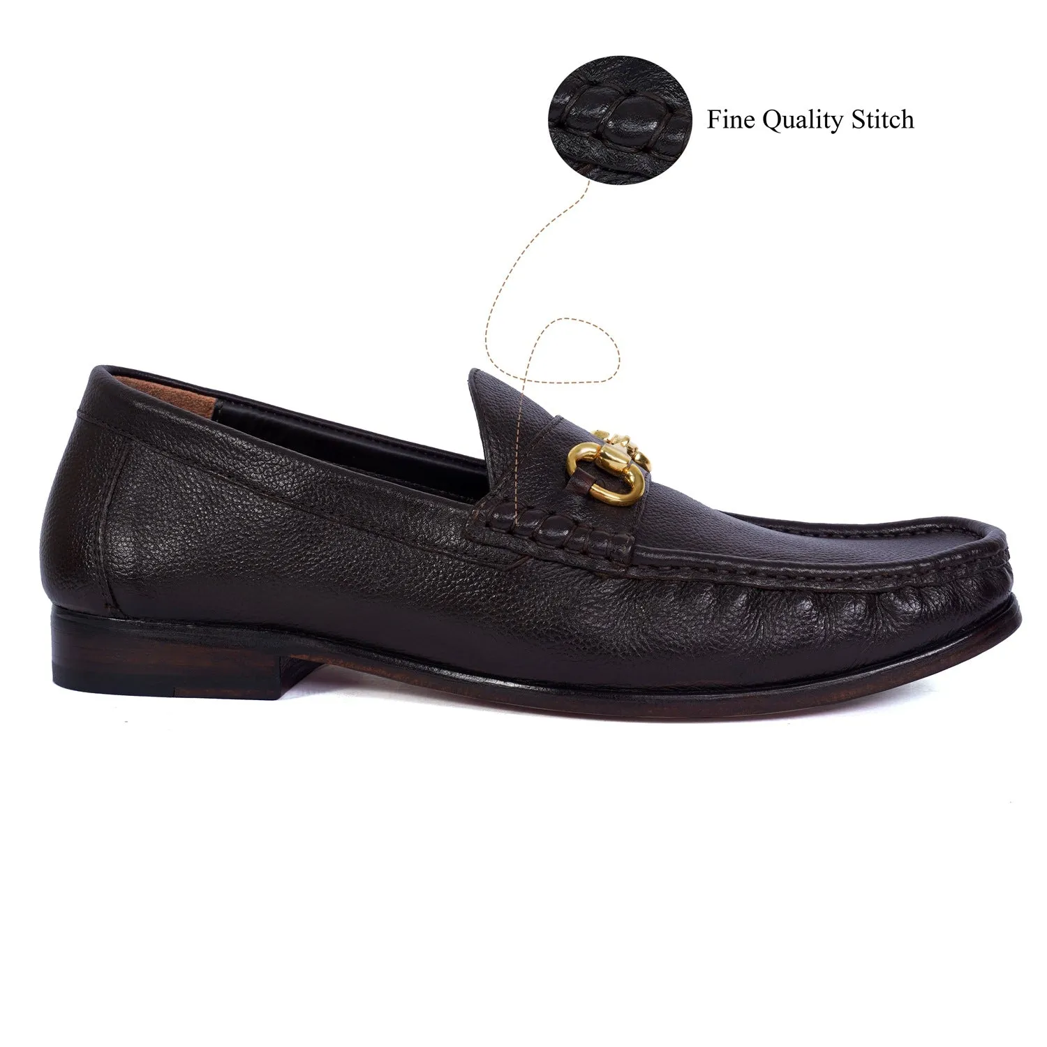 Dark Brown Grain Textured Leather Horsebit Loafers with Leather Sole by Brune & Bareskin