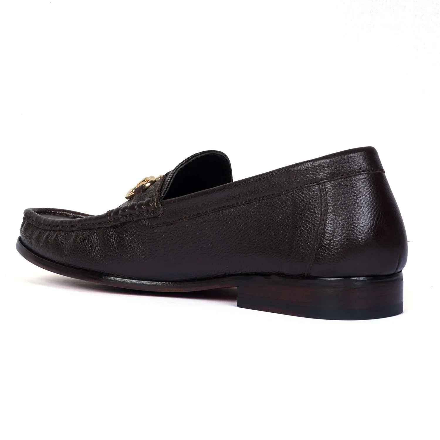 Dark Brown Grain Textured Leather Horsebit Loafers with Leather Sole by Brune & Bareskin