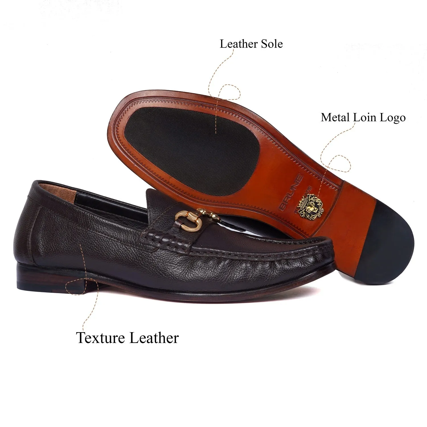 Dark Brown Grain Textured Leather Horsebit Loafers with Leather Sole by Brune & Bareskin