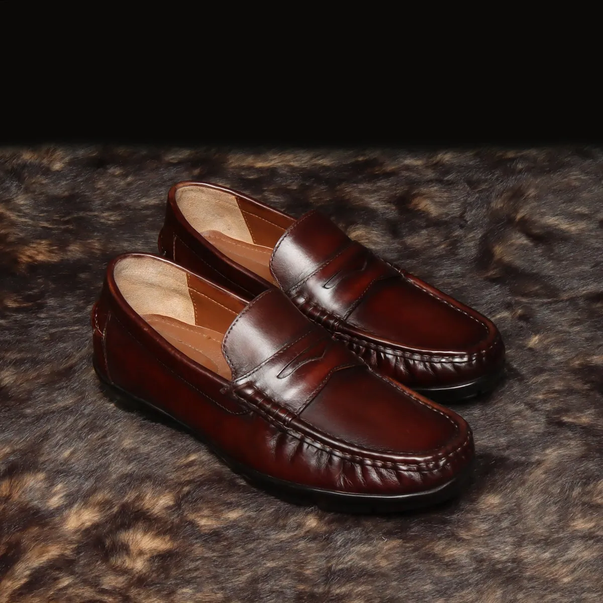 Dark Brown Leather Stitched Design Penny Loafers