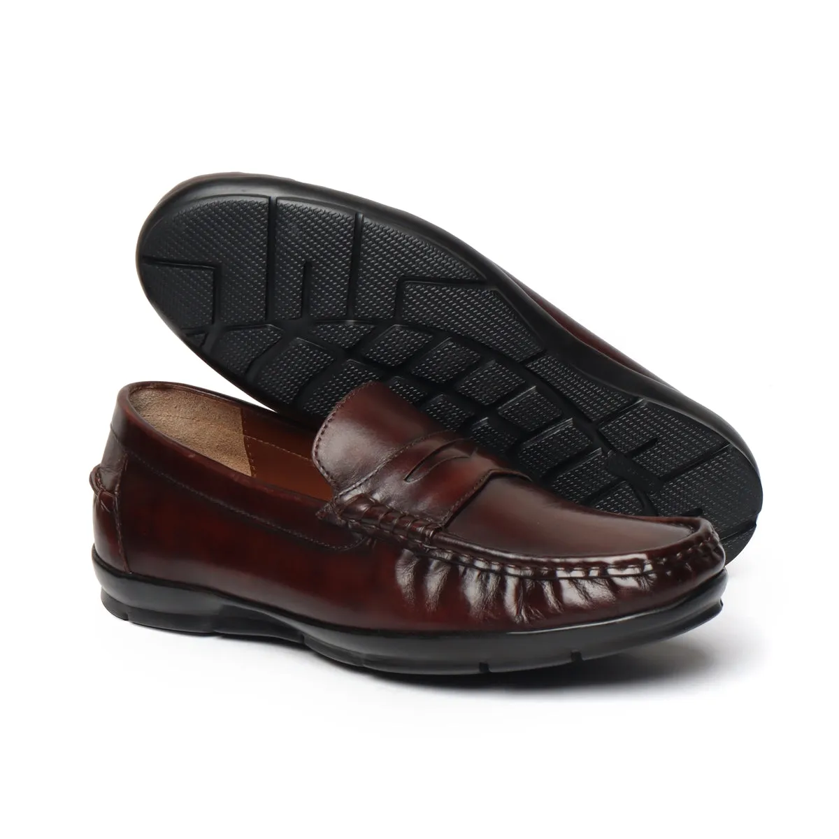 Dark Brown Leather Stitched Design Penny Loafers