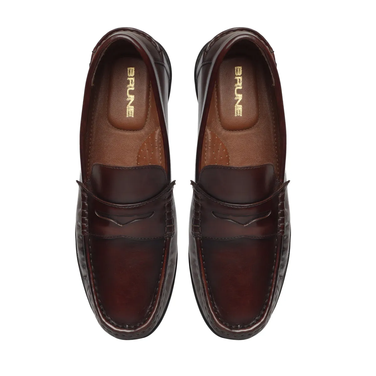 Dark Brown Leather Stitched Design Penny Loafers