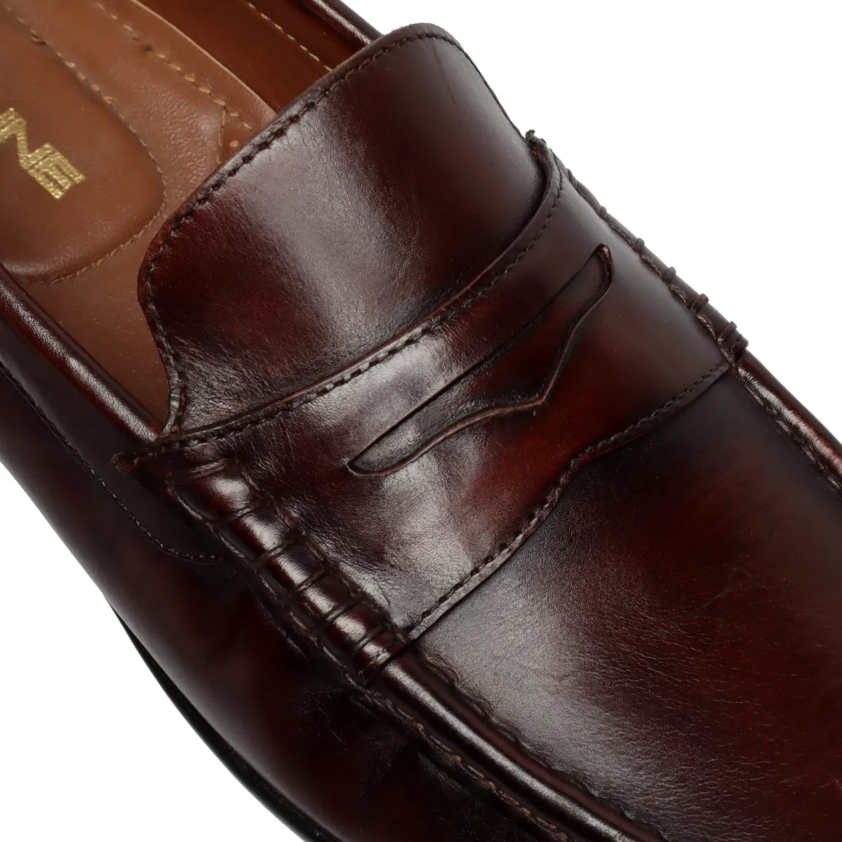 Dark Brown Leather Stitched Design Penny Loafers