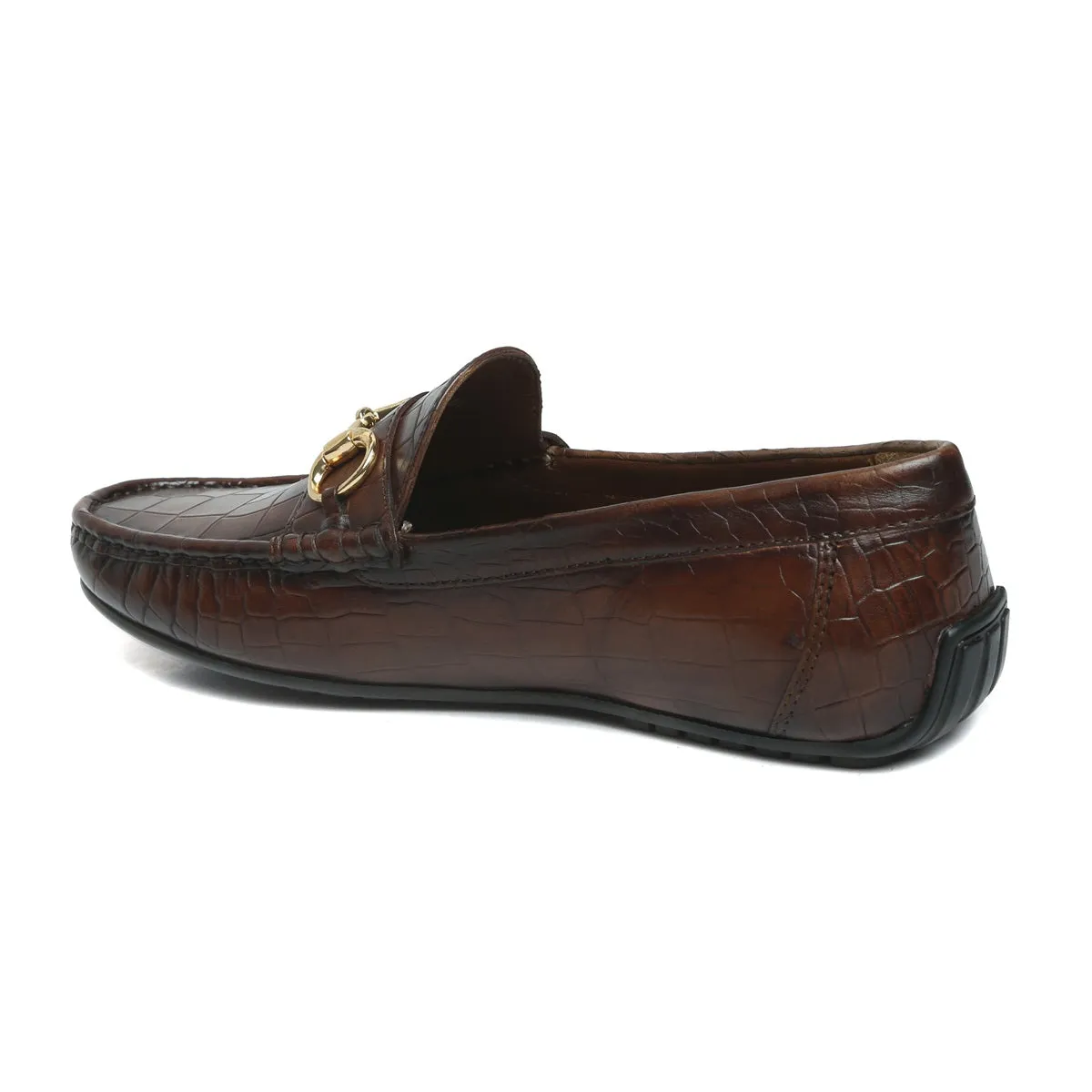 Dark Brown Loafers in Croco Textured Leather with Horse-bit Buckle