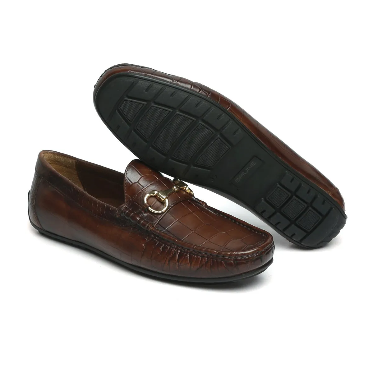 Dark Brown Loafers in Croco Textured Leather with Horse-bit Buckle