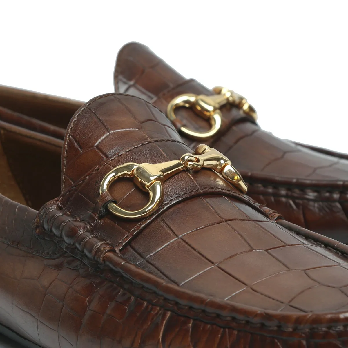 Dark Brown Loafers in Croco Textured Leather with Horse-bit Buckle