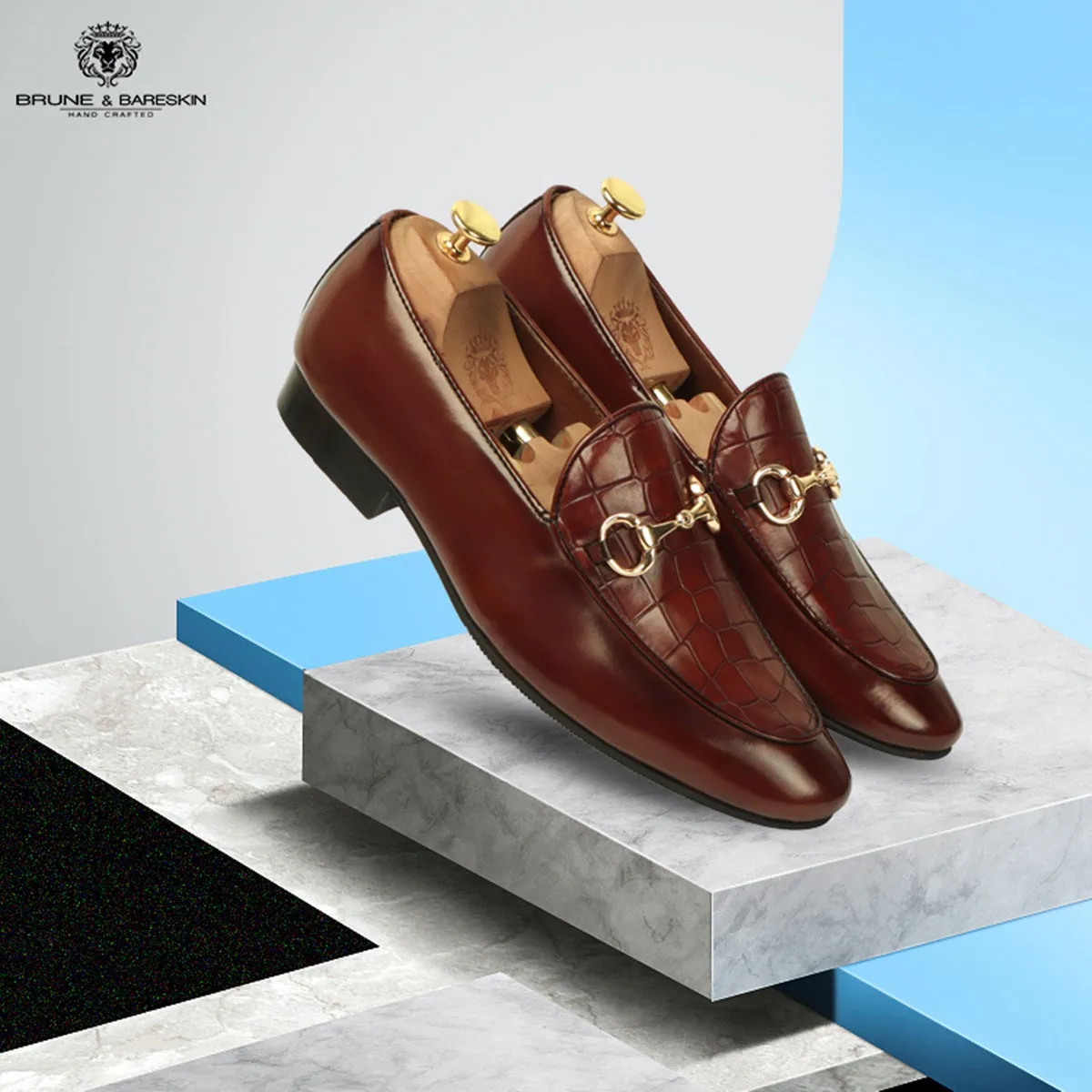 Dark Brown Patent Loafers with Deep Cut Croco Leather at Vamp