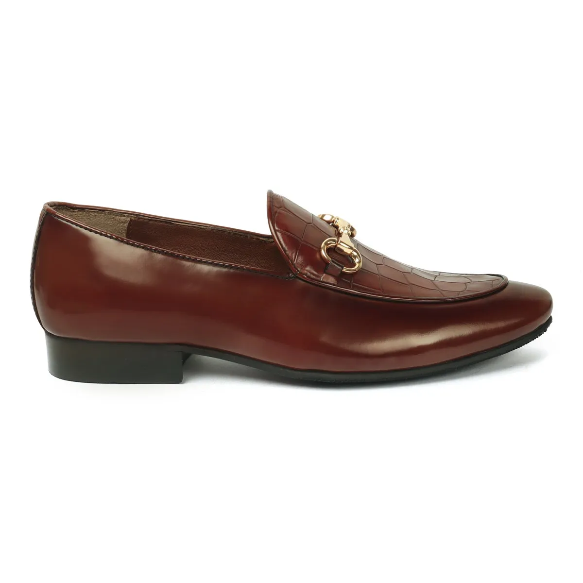 Dark Brown Patent Loafers with Deep Cut Croco Leather at Vamp