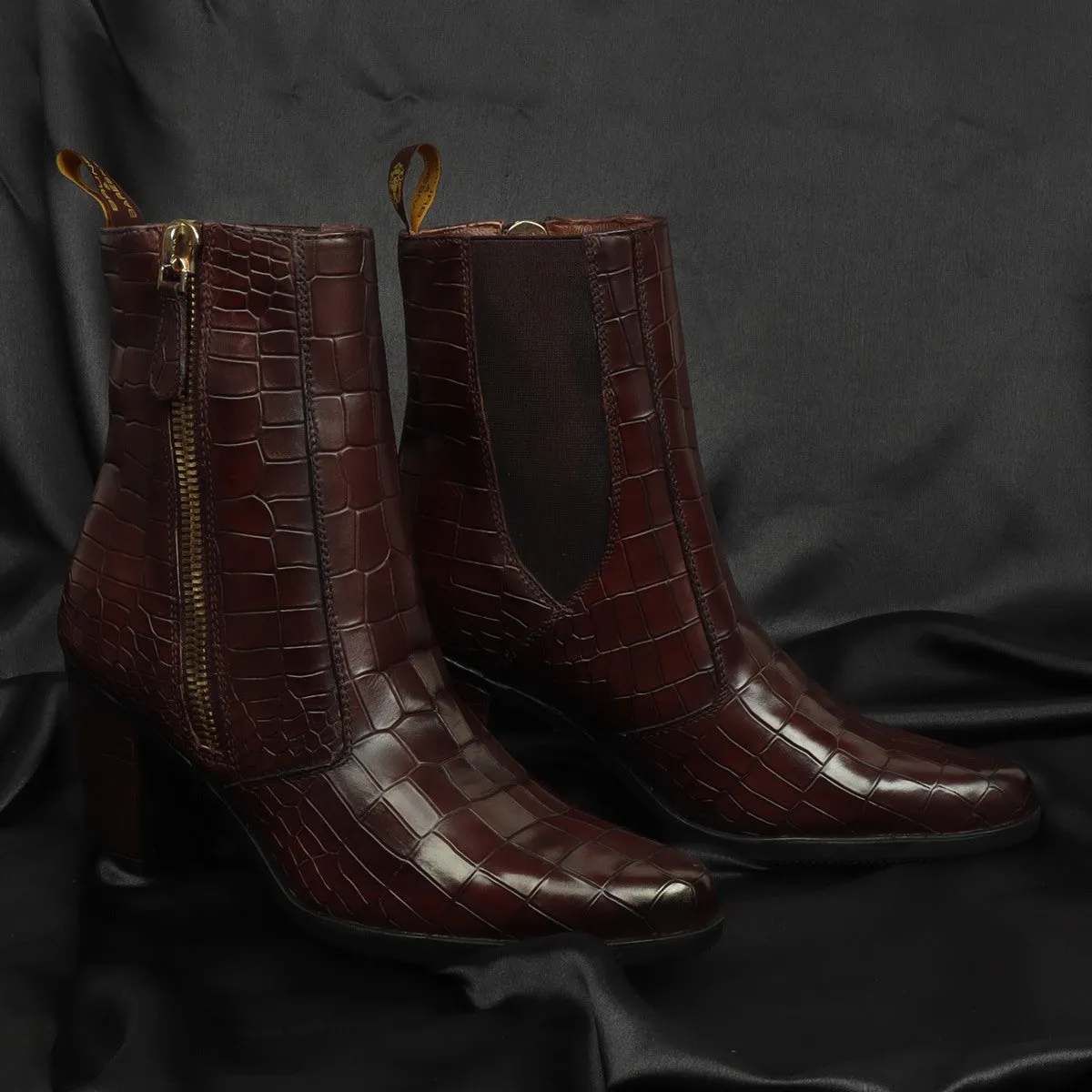 Dark Brown Women Boots Deep Cut Croco Leather By Brune & Bareskin