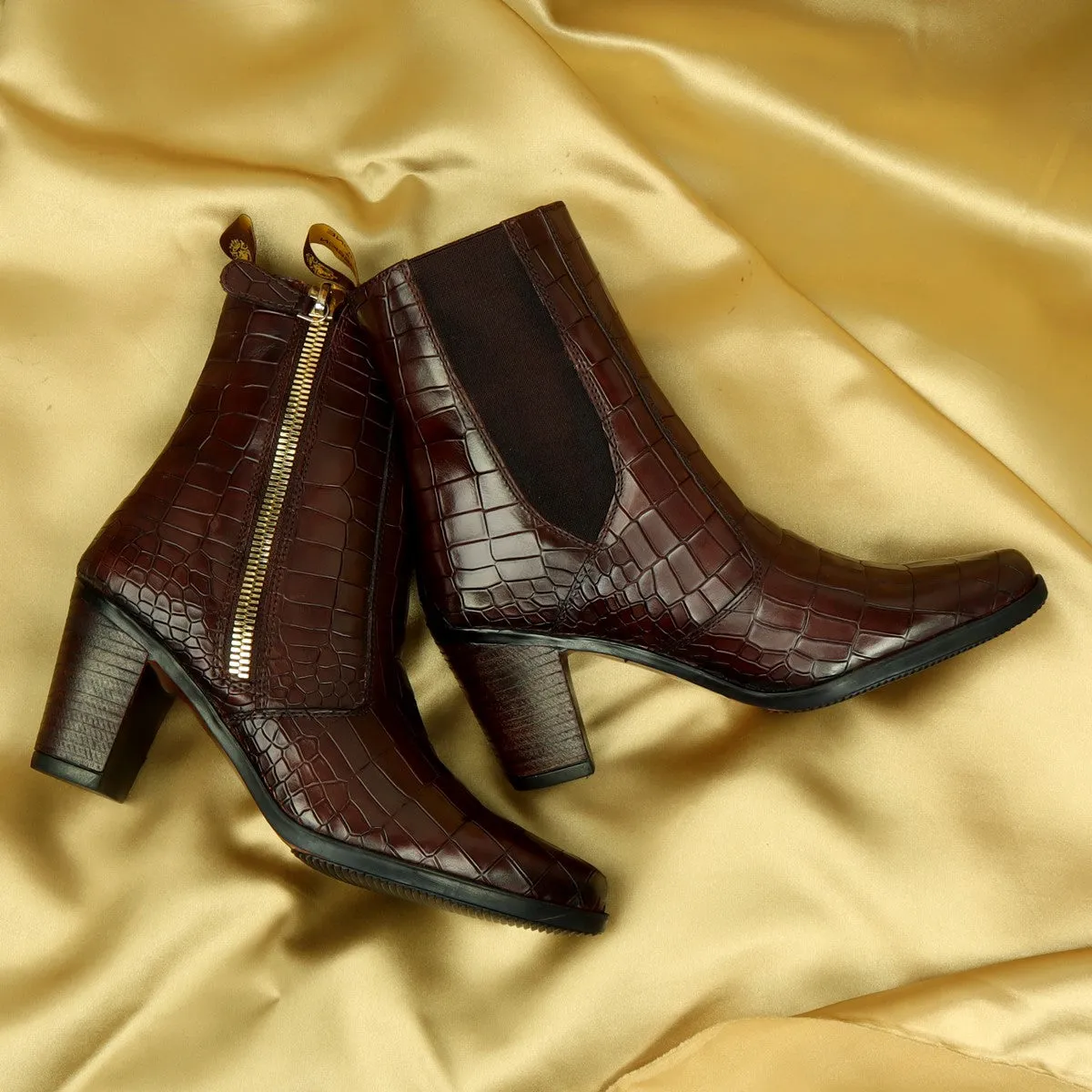 Dark Brown Women Boots Deep Cut Croco Leather By Brune & Bareskin