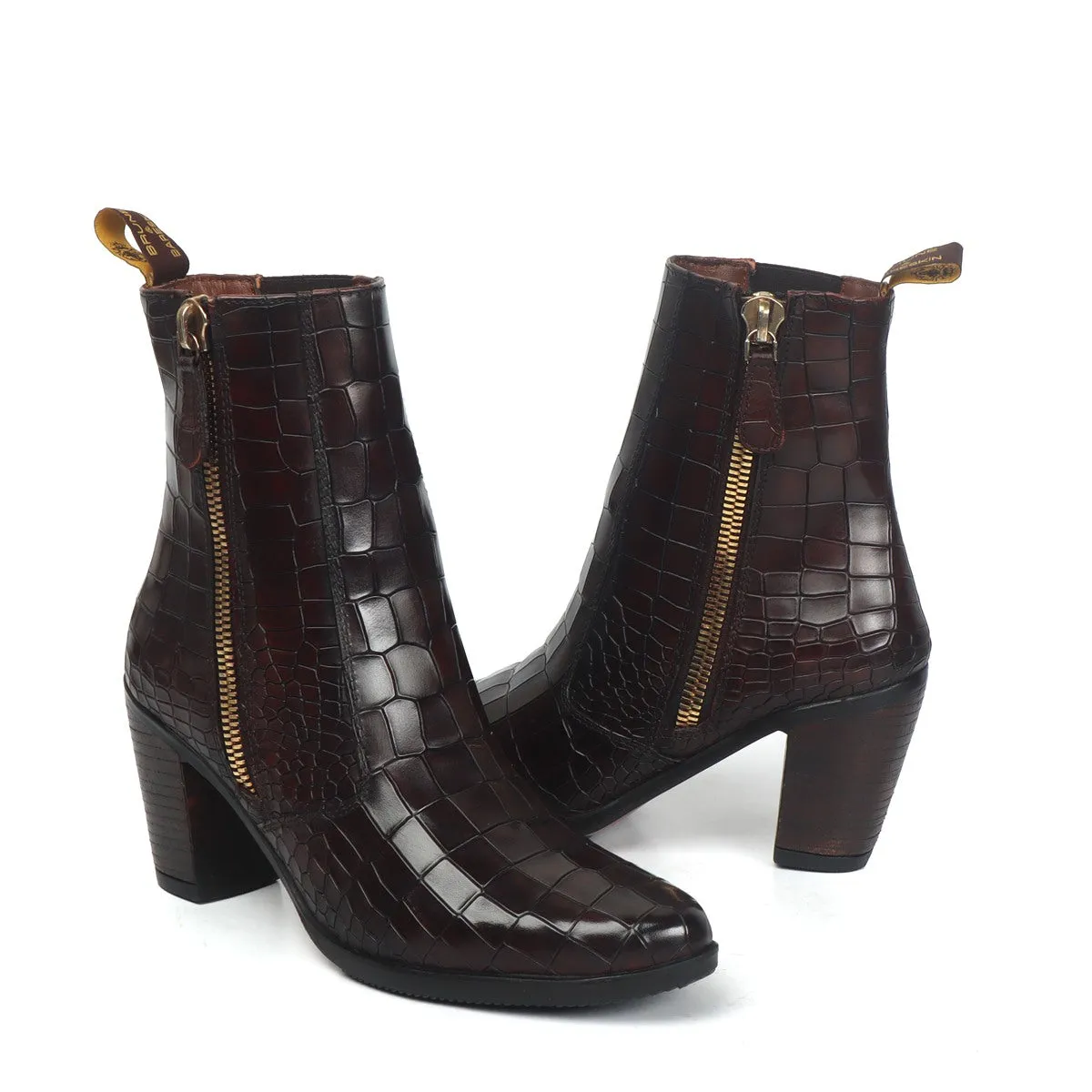 Dark Brown Women Boots Deep Cut Croco Leather By Brune & Bareskin