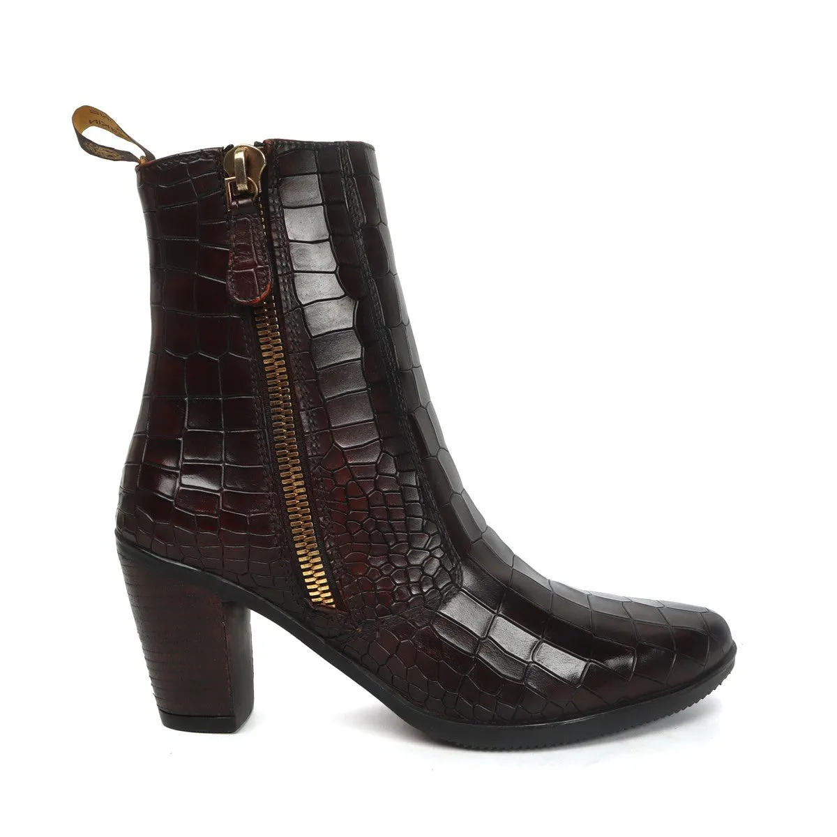 Dark Brown Women Boots Deep Cut Croco Leather By Brune & Bareskin