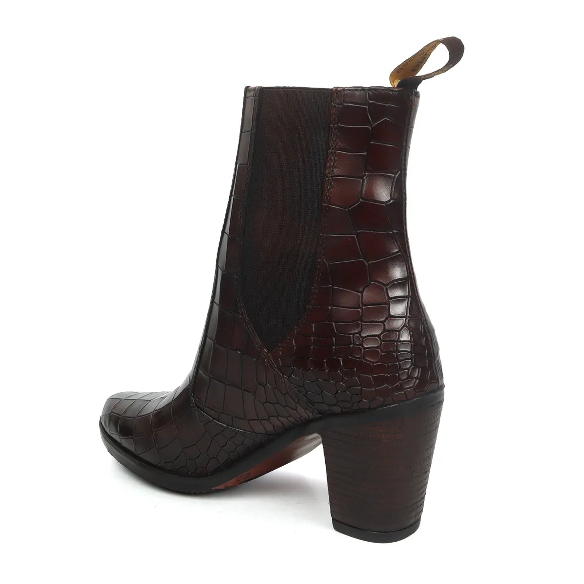 Dark Brown Women Boots Deep Cut Croco Leather By Brune & Bareskin