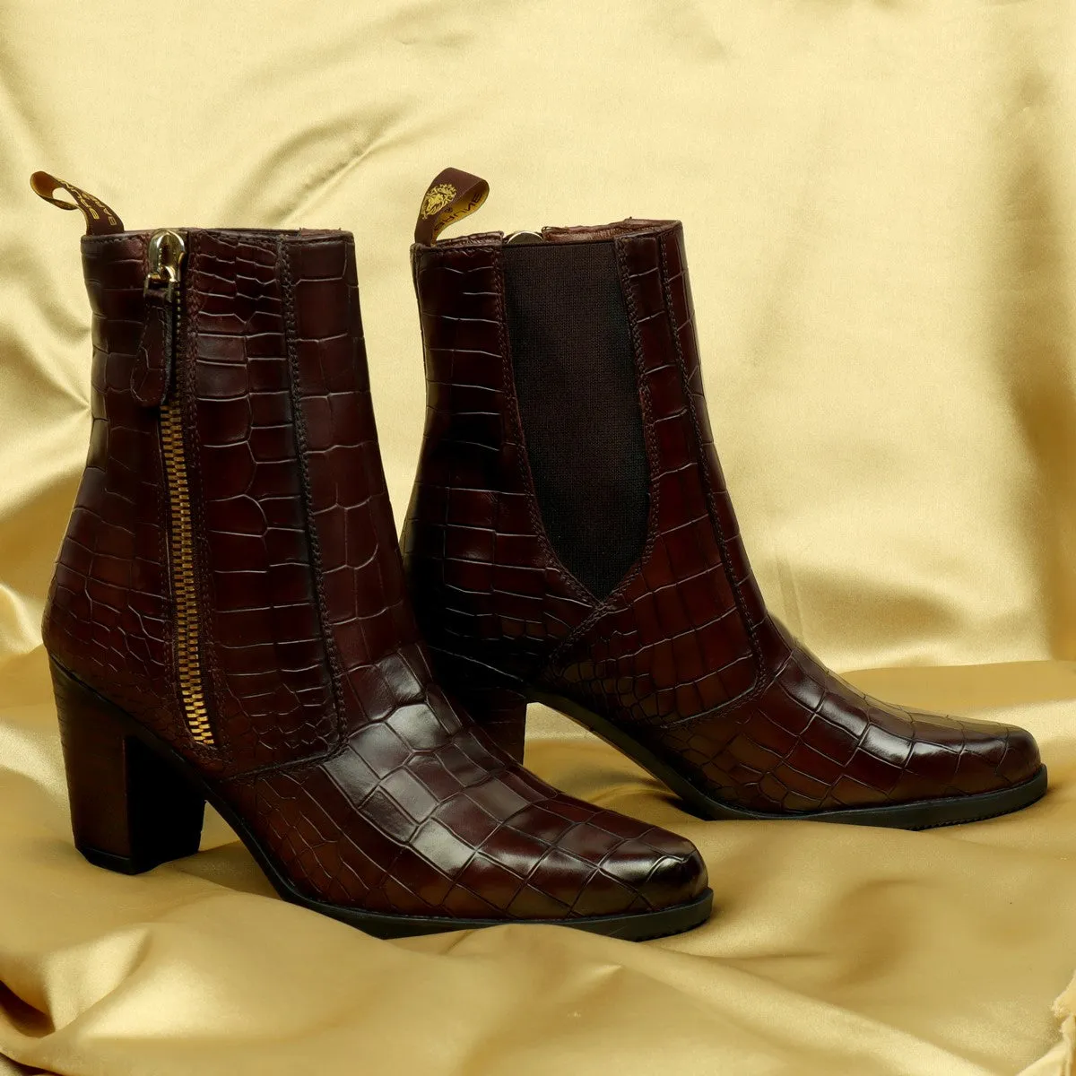 Dark Brown Women Boots Deep Cut Croco Leather By Brune & Bareskin