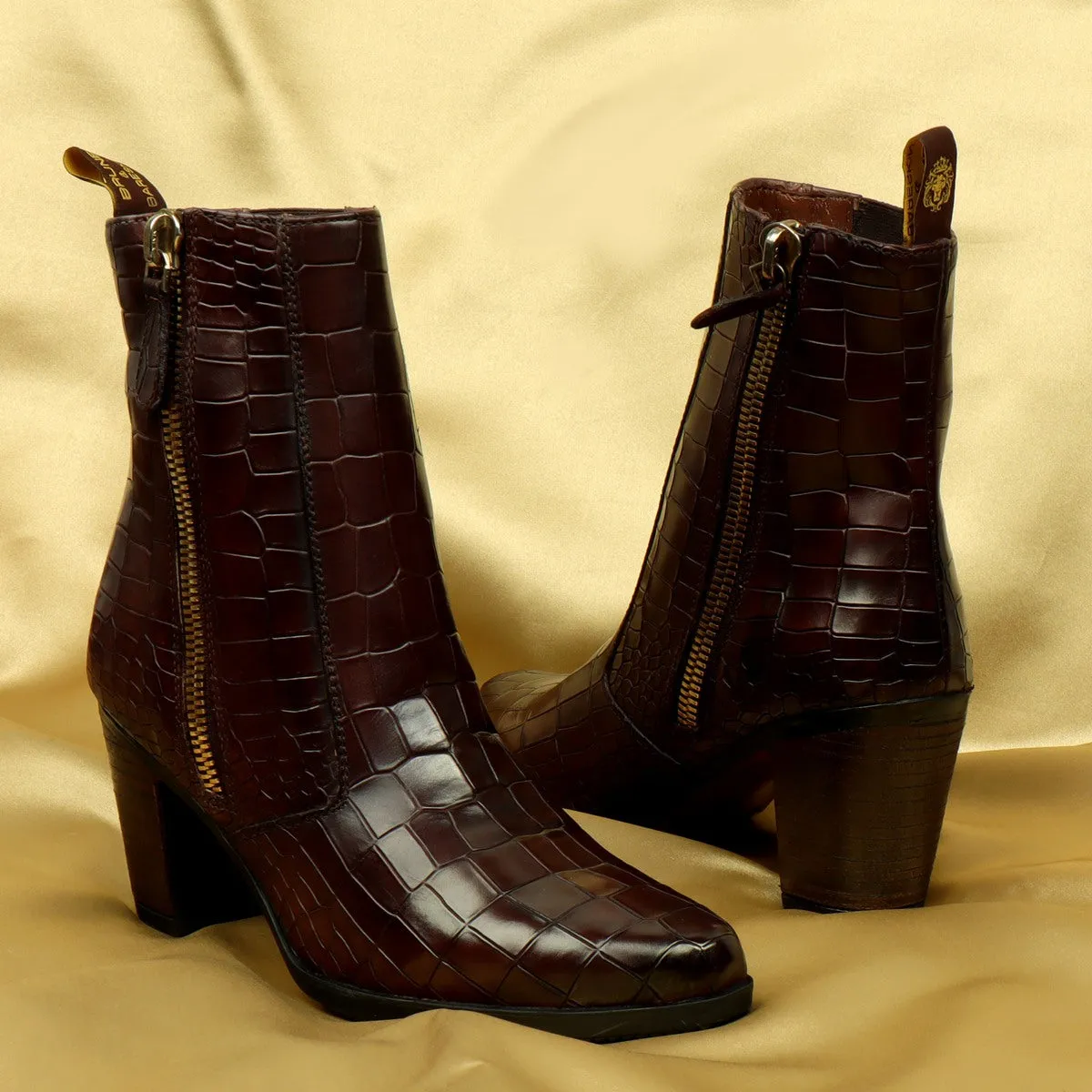 Dark Brown Women Boots Deep Cut Croco Leather By Brune & Bareskin