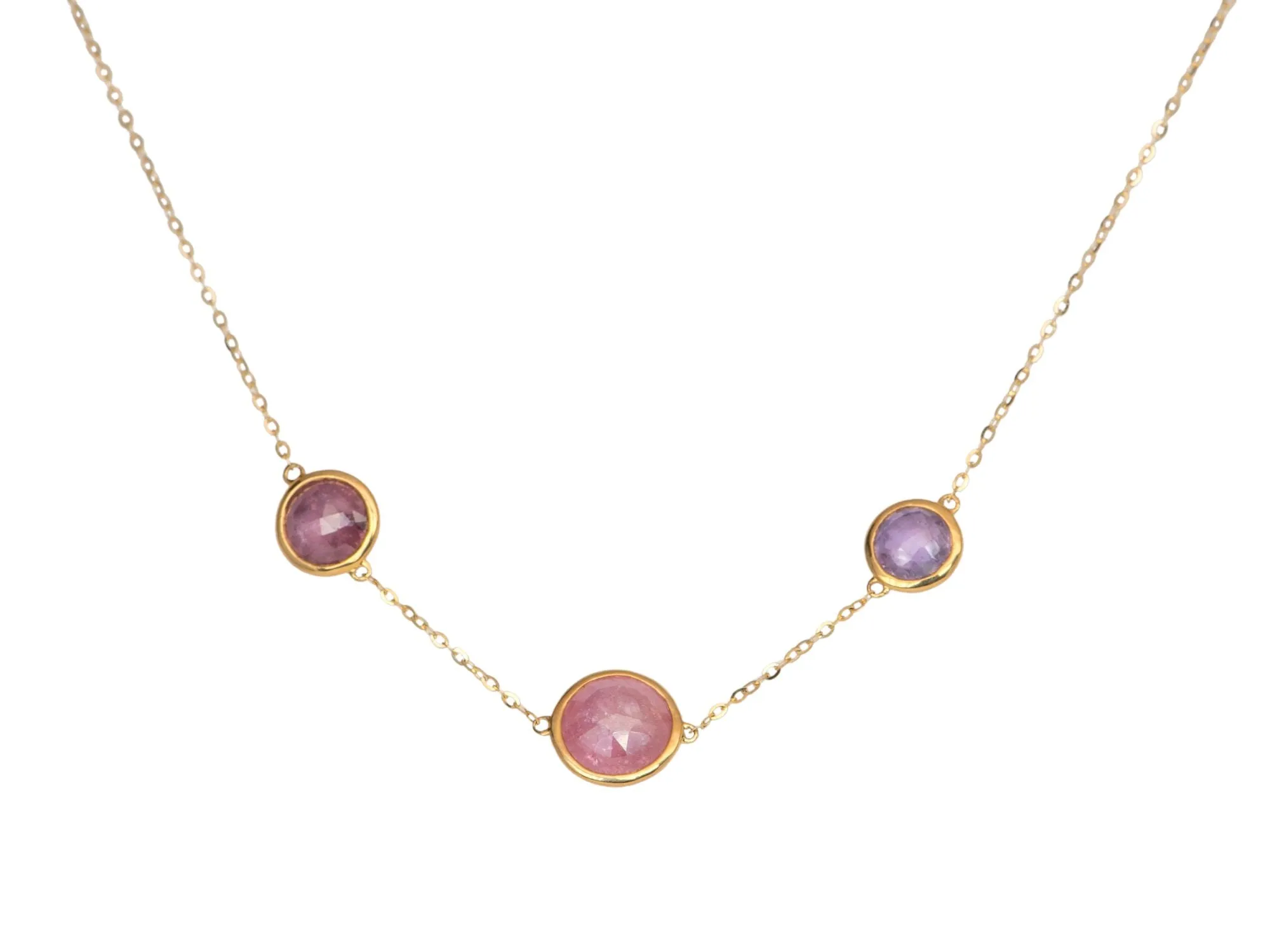 Double-Side Candy Pink Sapphire Rose Cut Necklace 14K Gold AD1425