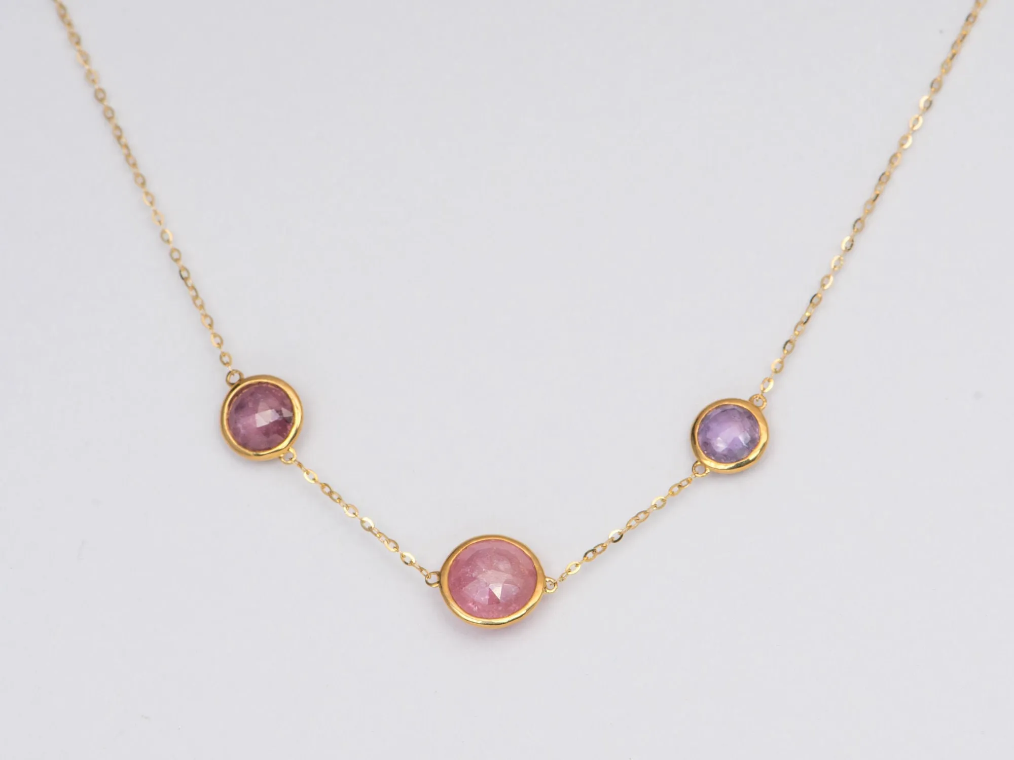 Double-Side Candy Pink Sapphire Rose Cut Necklace 14K Gold AD1425