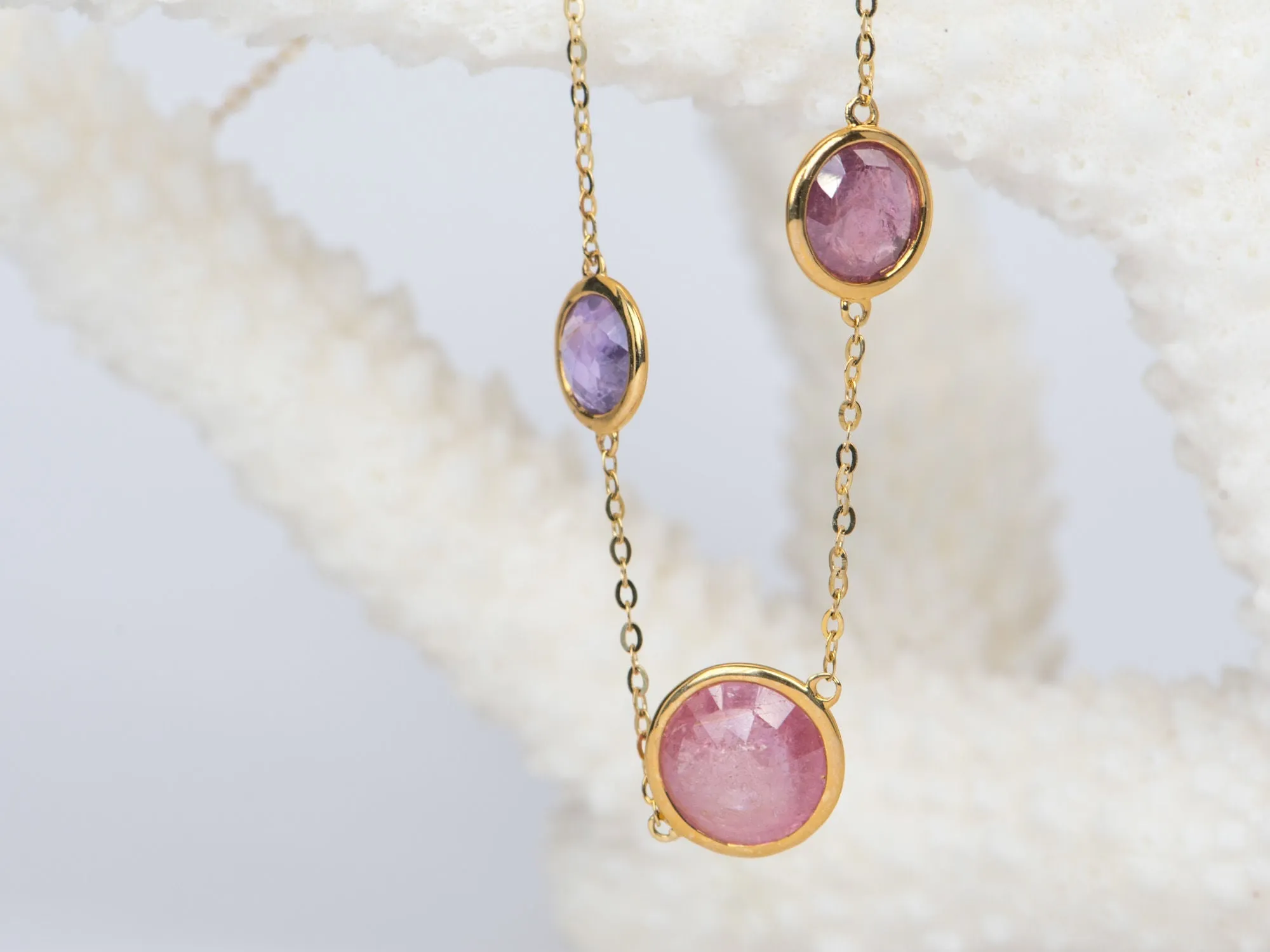 Double-Side Candy Pink Sapphire Rose Cut Necklace 14K Gold AD1425