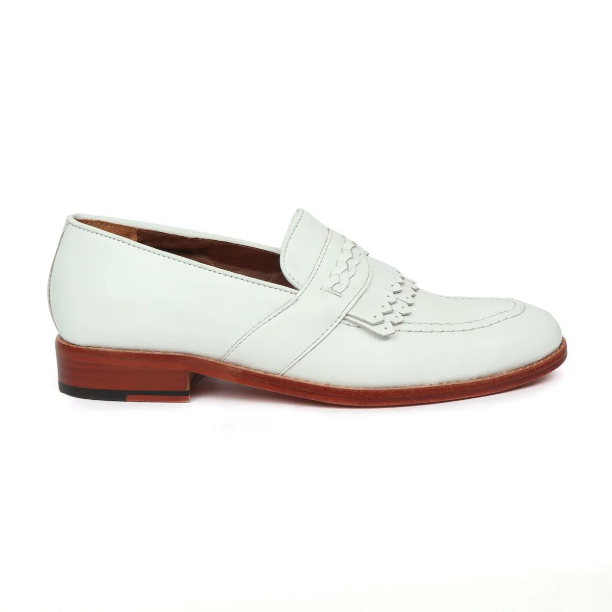 Dual Fringes Slip-On Loafers in White Leather with Weaved Strip by Brune & Bareskin