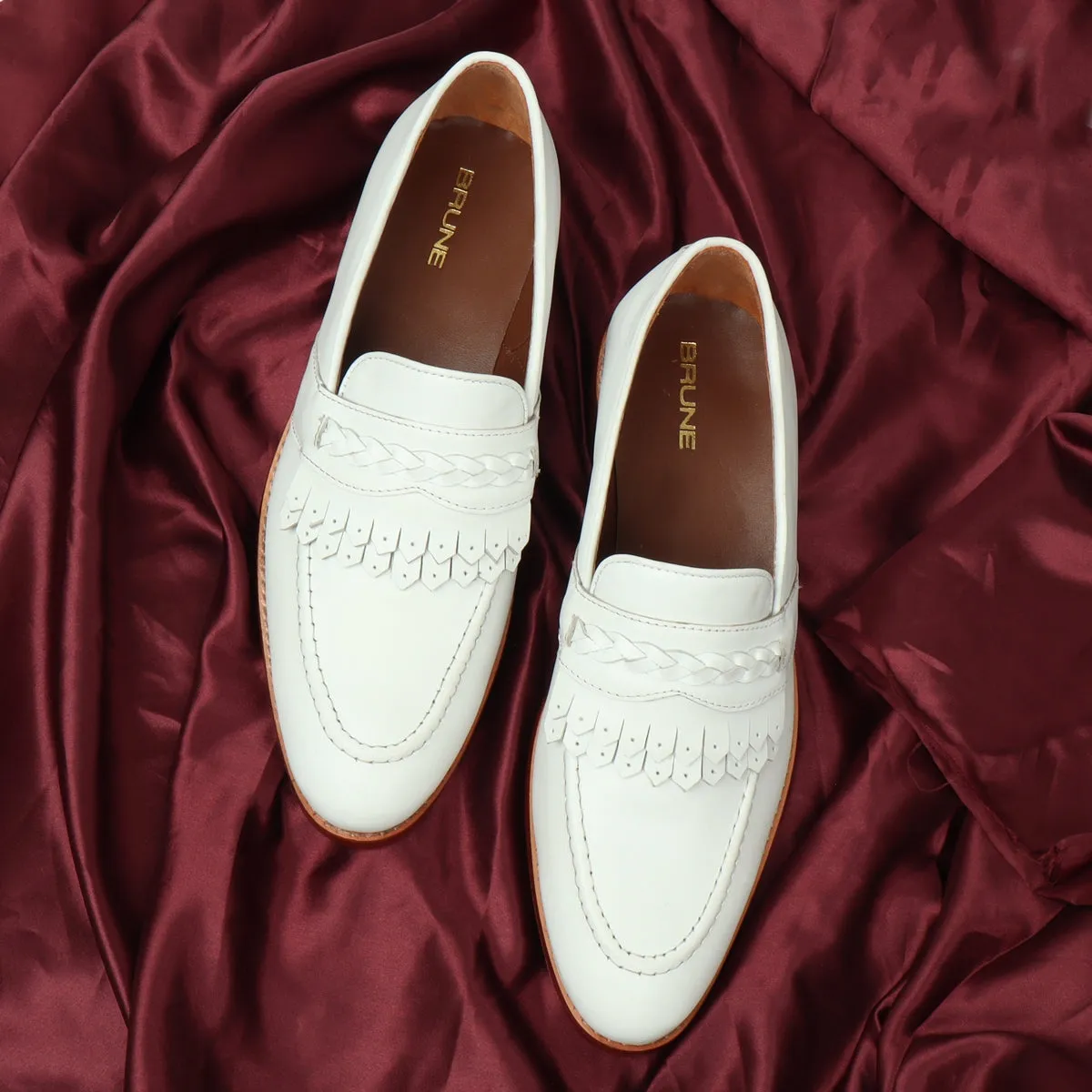 Dual Fringes Slip-On Loafers in White Leather with Weaved Strip by Brune & Bareskin